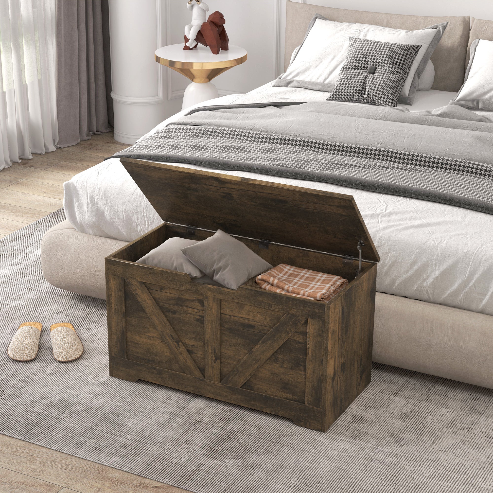 31.5 Inches Storage Chest, Storage Trunk with 2 Safety Hinges for Living Room, Brown Wood Grain