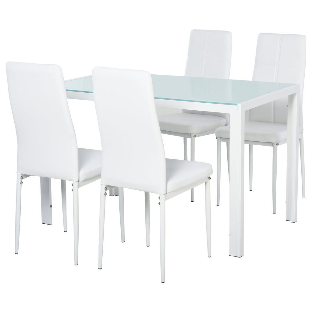 5-Piece Rectangular Glass Kitchen Table and Chairs with Metal Frame and Faux Leather Upholstery for Dining Room, White