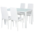 5-Piece Rectangular Glass Kitchen Table and Chairs with Metal Frame and Faux Leather Upholstery for Dining Room, White