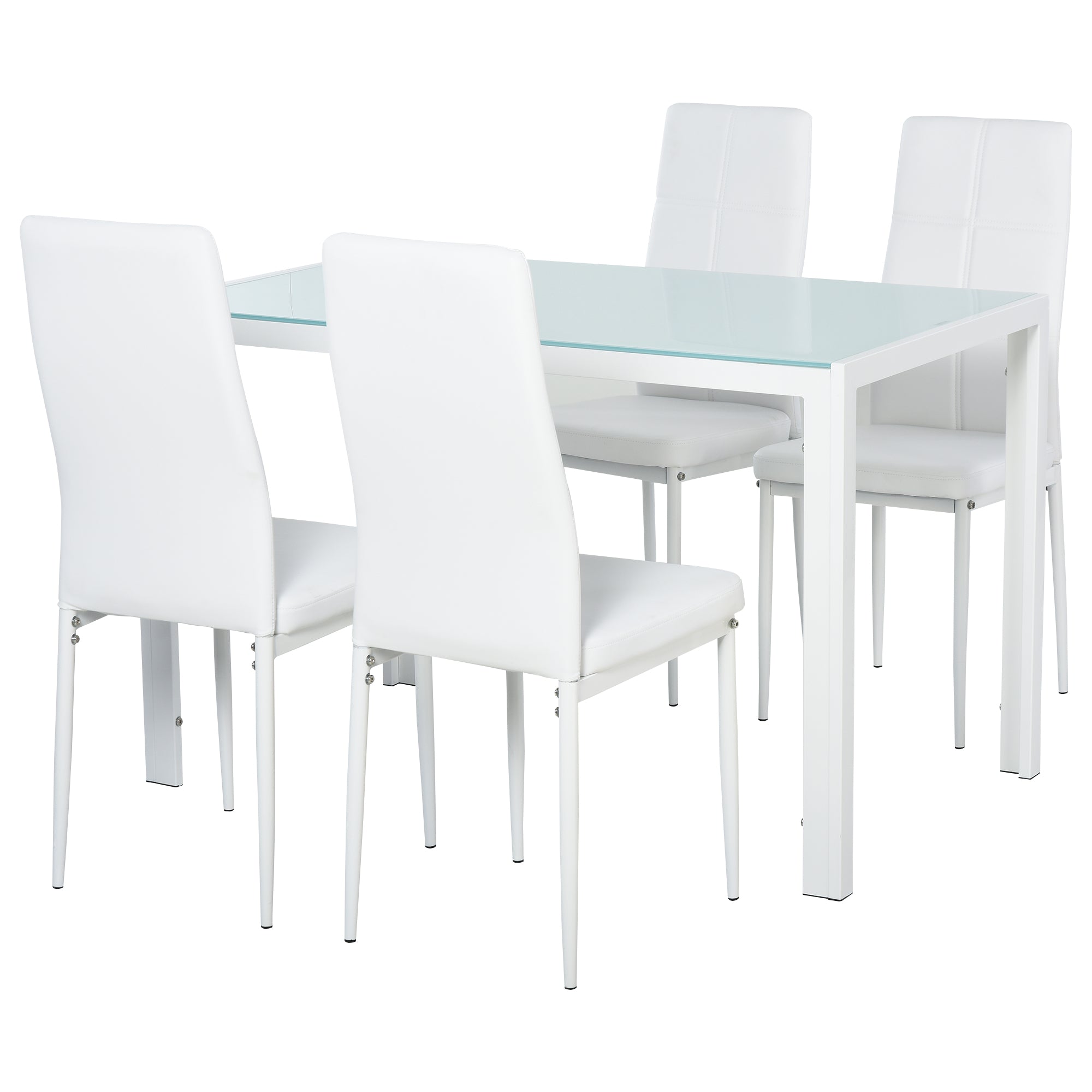 5-Piece Rectangular Glass Kitchen Table and Chairs with Metal Frame and Faux Leather Upholstery for Dining Room, White