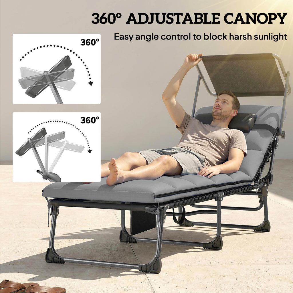 Outdoor Chaise Lounge Chairs, 2 PCS Folding Lounge Chairs with Adjustable 5-Position, Cushion, Canopy, Side Pocket