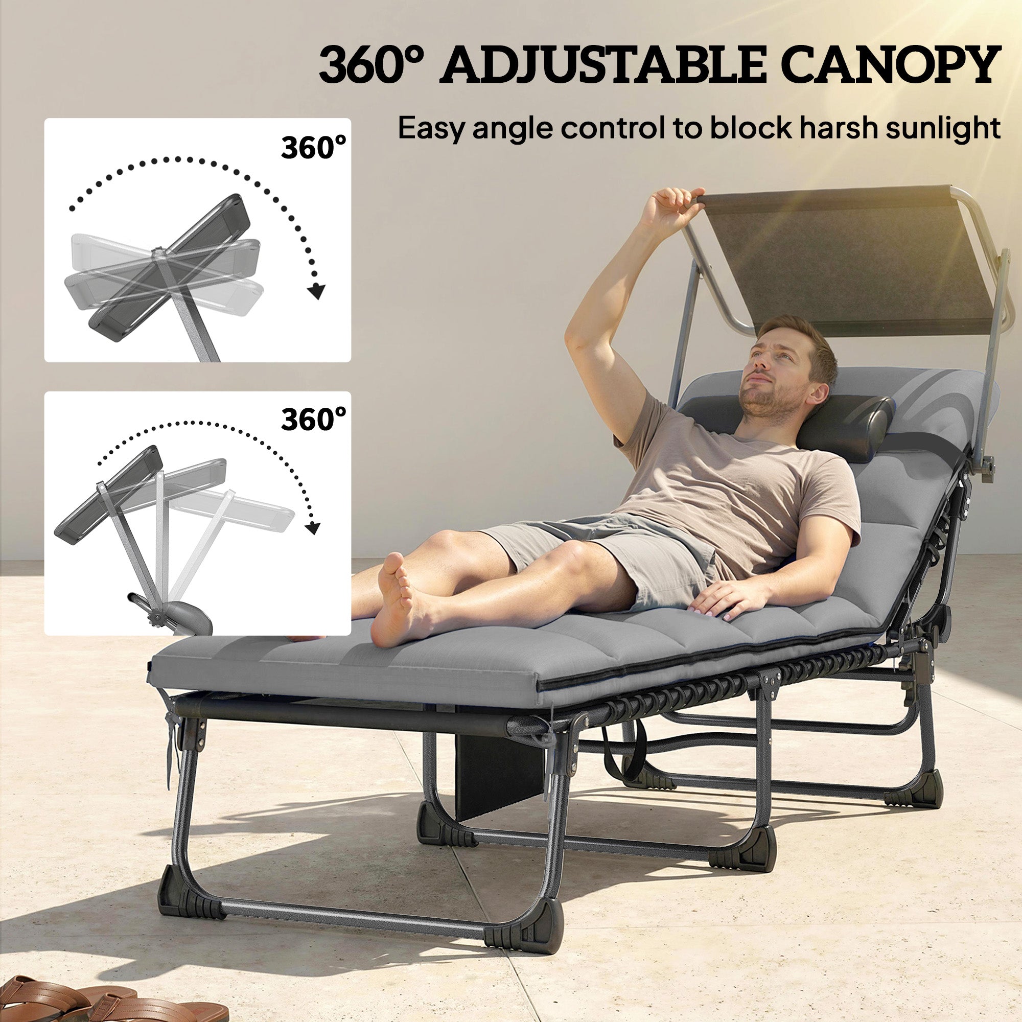 Outdoor Chaise Lounge Chairs, 2 PCS Folding Lounge Chairs with Adjustable 5-Position, Cushion, Canopy, Side Pocket