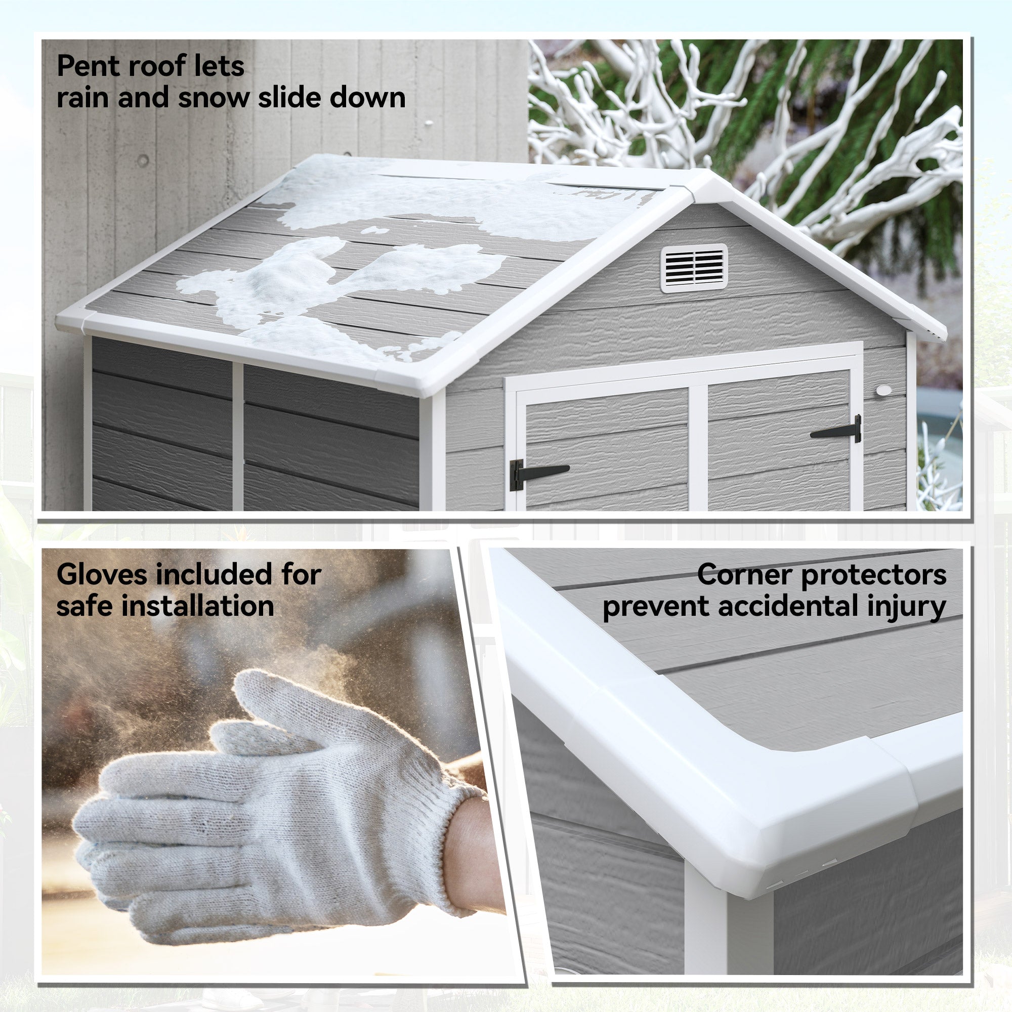 6x5 Plastic Garden Storage Shed with Floor Window Lockable Doors and Vents Outdoor Wood Effect Grey