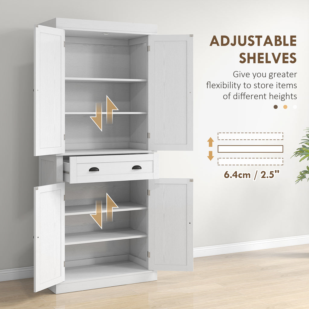 72" Tall Pantry Cabinet, Kitchen Storage Cabinet with 4 Doors, Drawer and 2 Adjustable Shelves, White