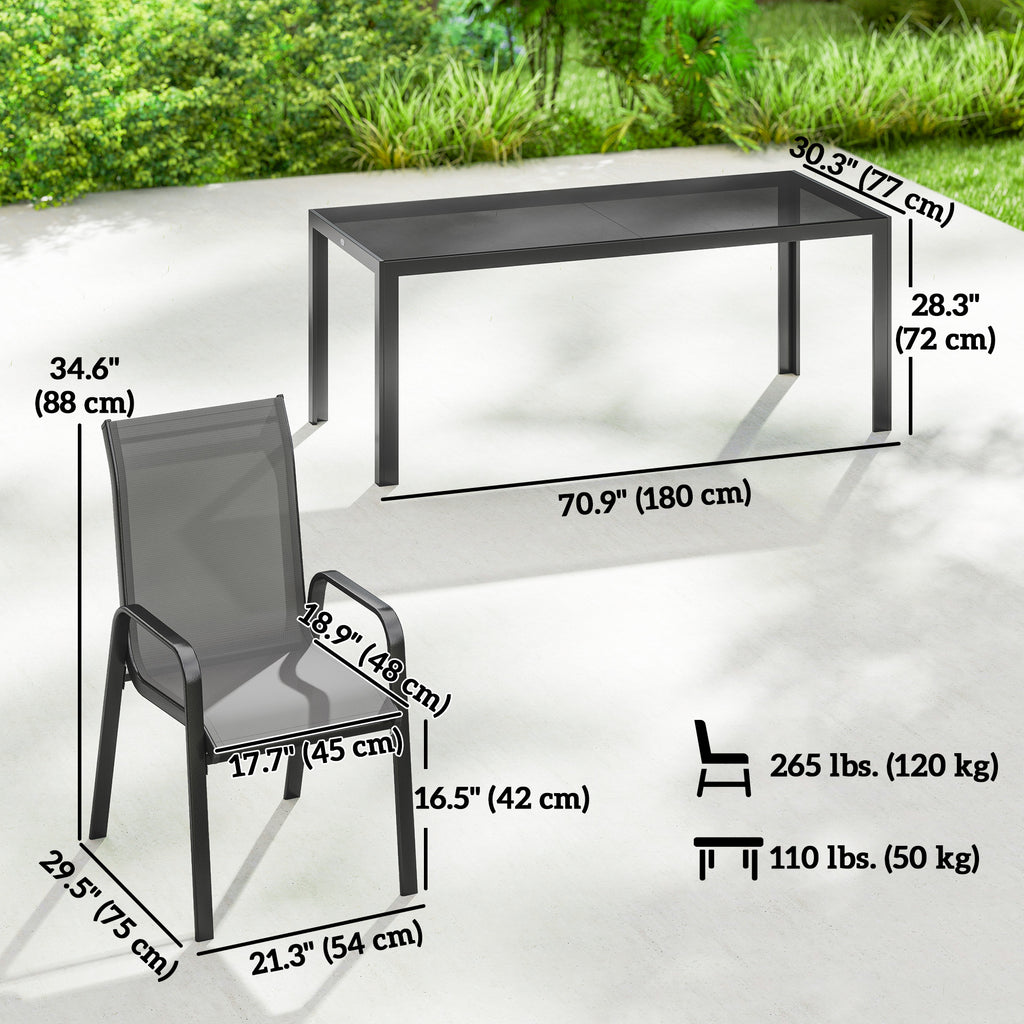 Outdoor Dining Sets for 8 with Stackable Chairs, Patio Dining Set with Glass Top Table for Garden, Patio, Backyard, Dark Grey