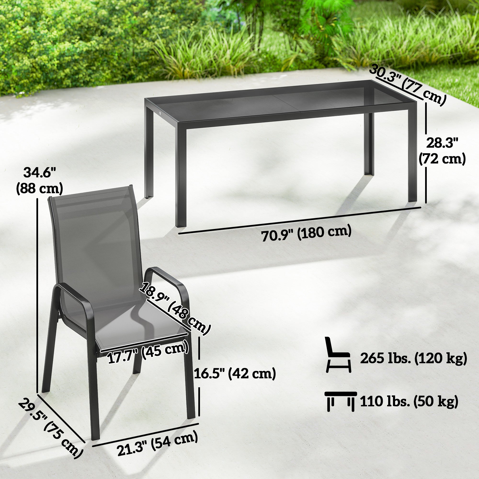 Outdoor Dining Sets for 8 with Stackable Chairs, Patio Dining Set with Glass Top Table for Garden, Patio, Backyard, Dark Grey