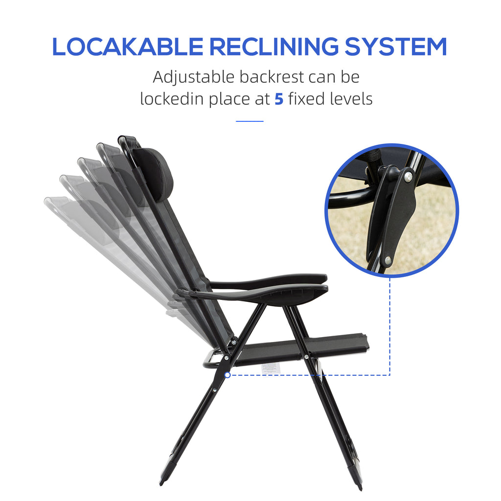 Set of 4 Camping Chairs, Outdoor Folding Lounge Chair Set with 5 Level Adjustable Backrest, Removable Headrest, Armrest for Camping, Backyard, Black
