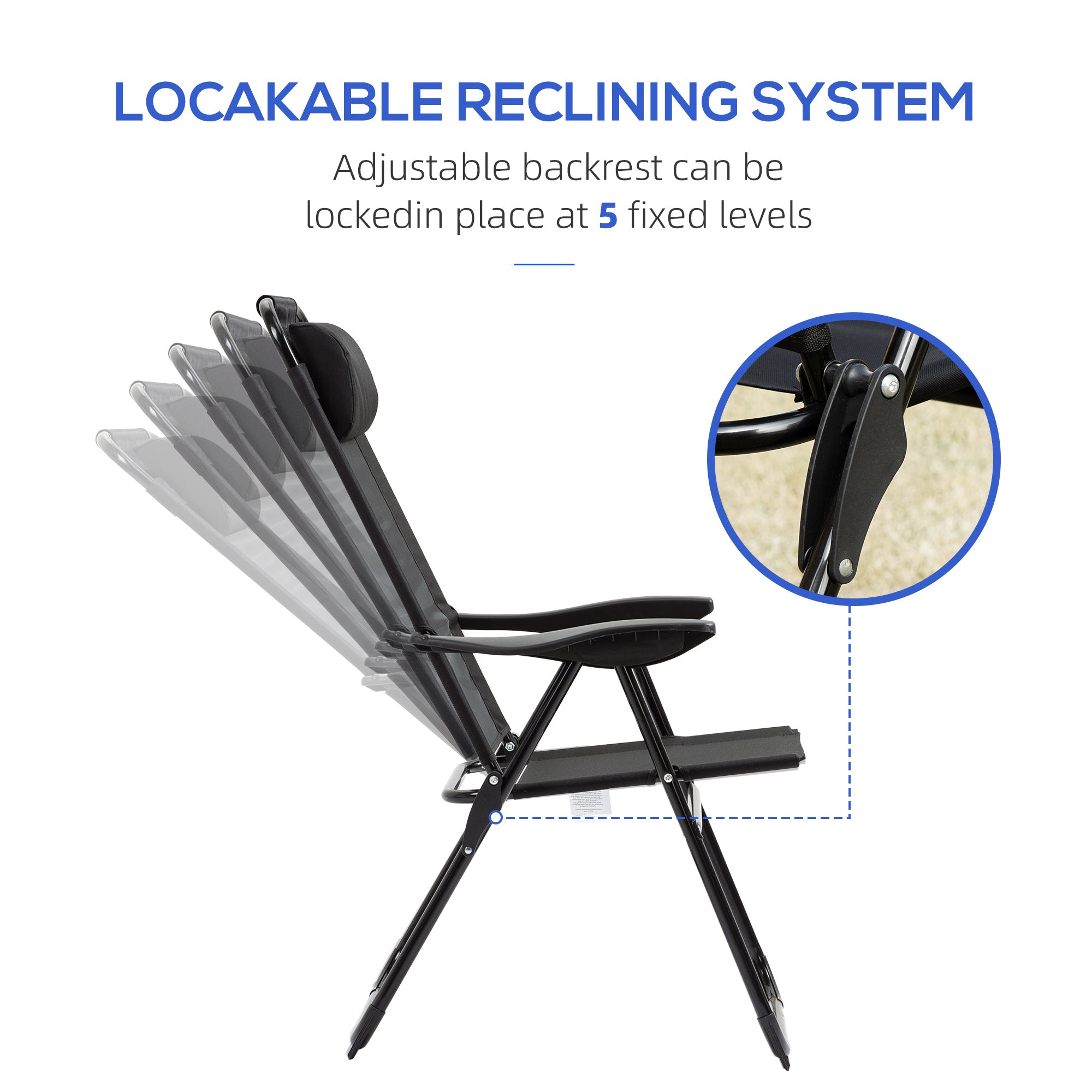 Set of 4 Camping Chairs, Outdoor Folding Lounge Chair Set with 5 Level Adjustable Backrest, Removable Headrest, Armrest for Camping, Backyard, Black