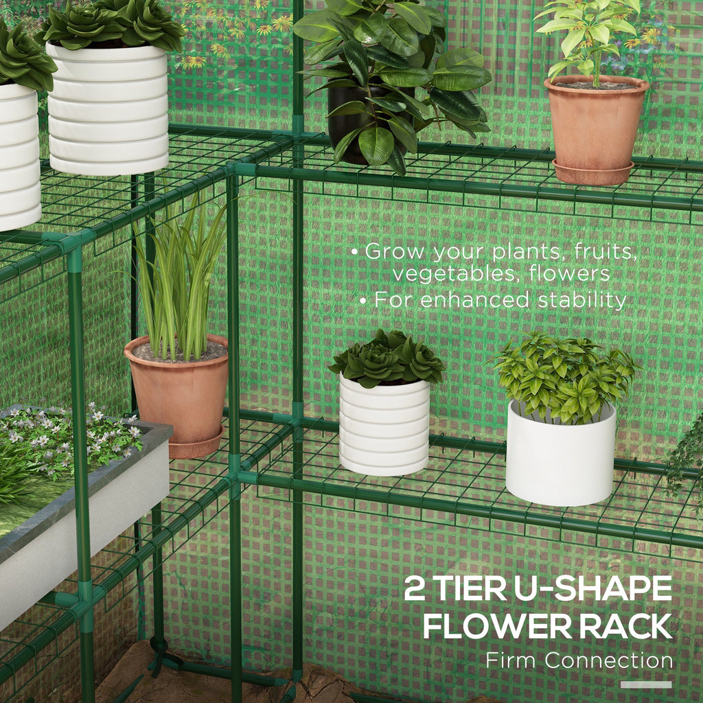 Portable Greenhouse, Walk-In Small Outdoor Green House with 2 Tier U-Shaped Flower Rack Shelves, 4.6' x 4.7', Green
