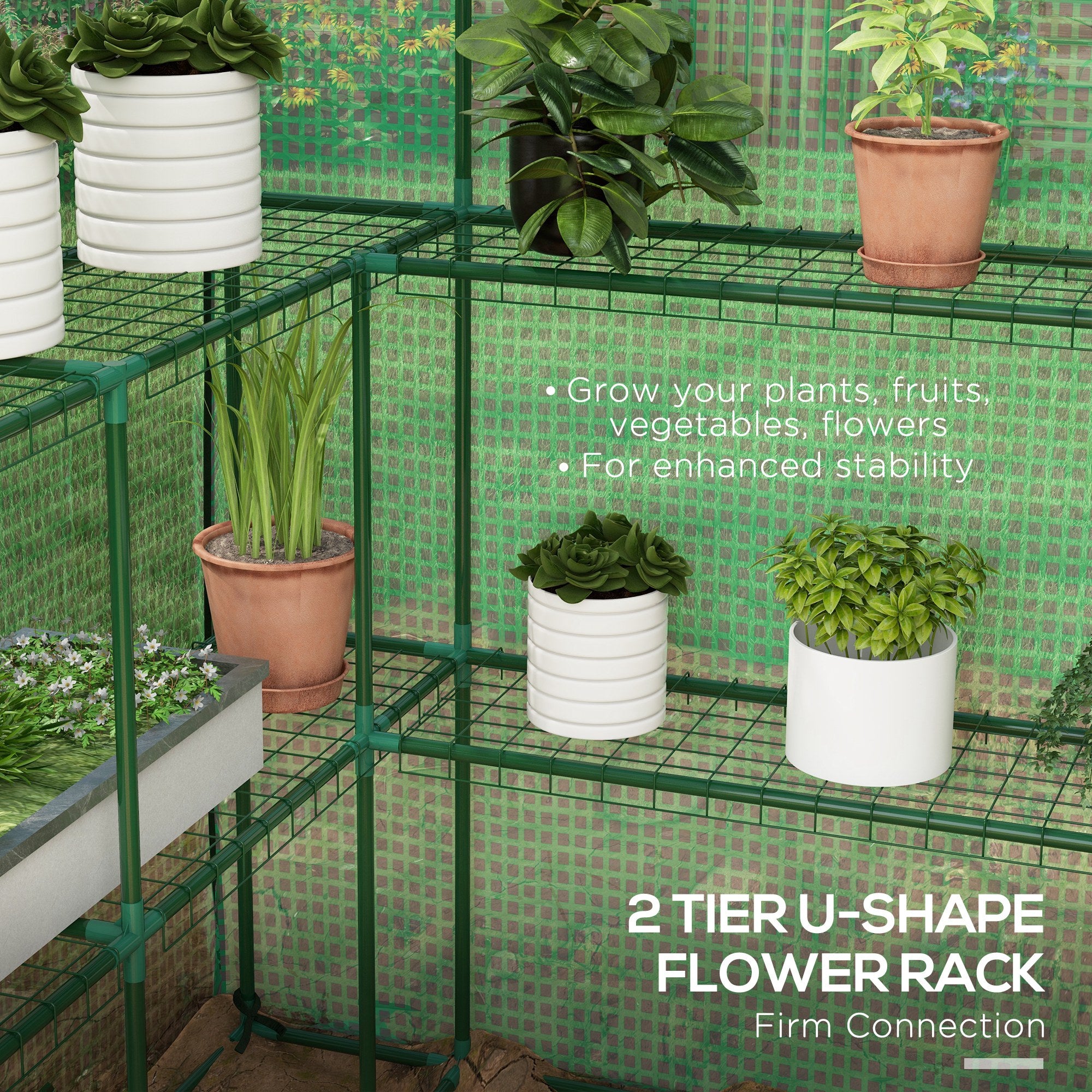 Portable Greenhouse, Walk-In Small Outdoor Green House with 2 Tier U-Shaped Flower Rack Shelves, 4.6' x 4.7', Green