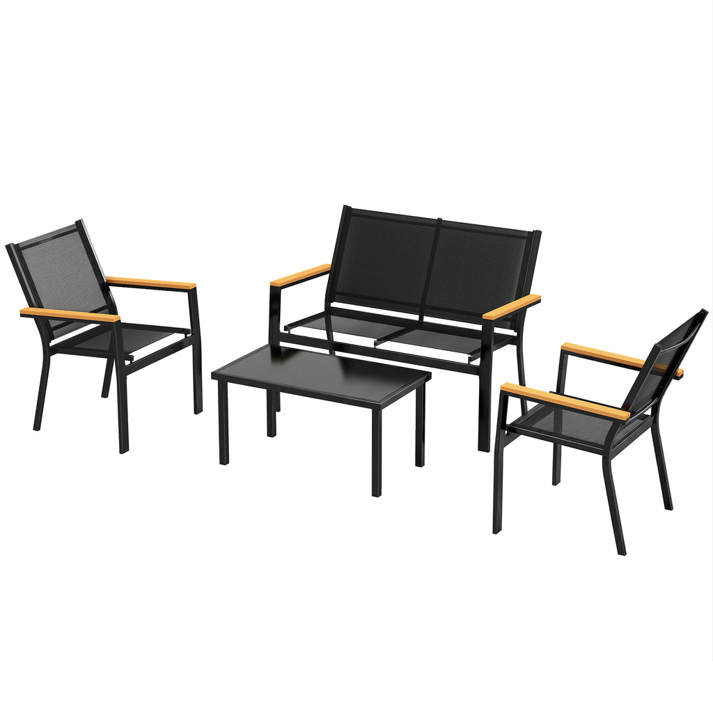 Outdoor 4 Piece Set Patio Furniture with Sofa, Tempered Glass Tabletop for Garden Backyard Porch, Black