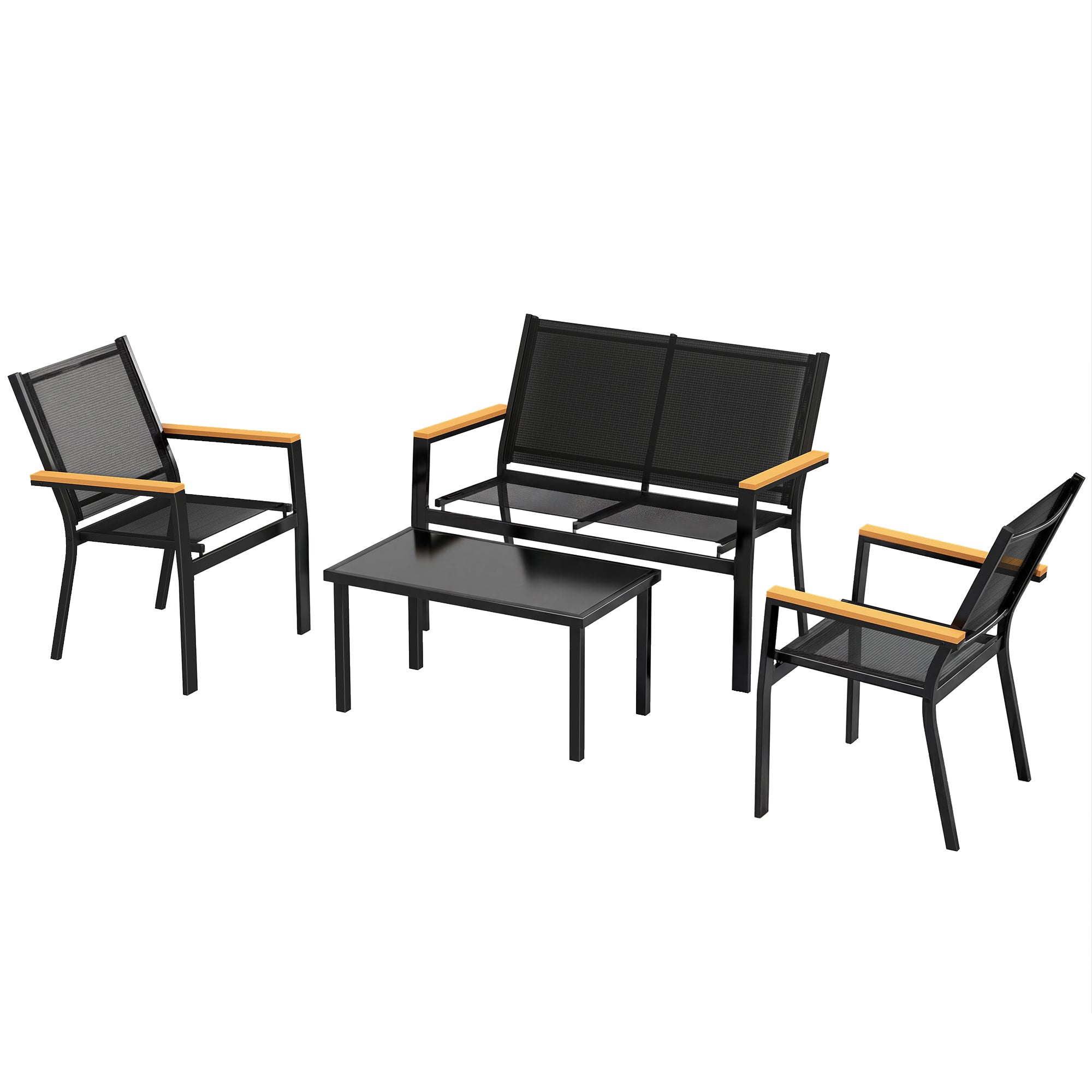 Outdoor 4 Piece Set Patio Furniture with Sofa, Tempered Glass Tabletop for Garden Backyard Porch, Black