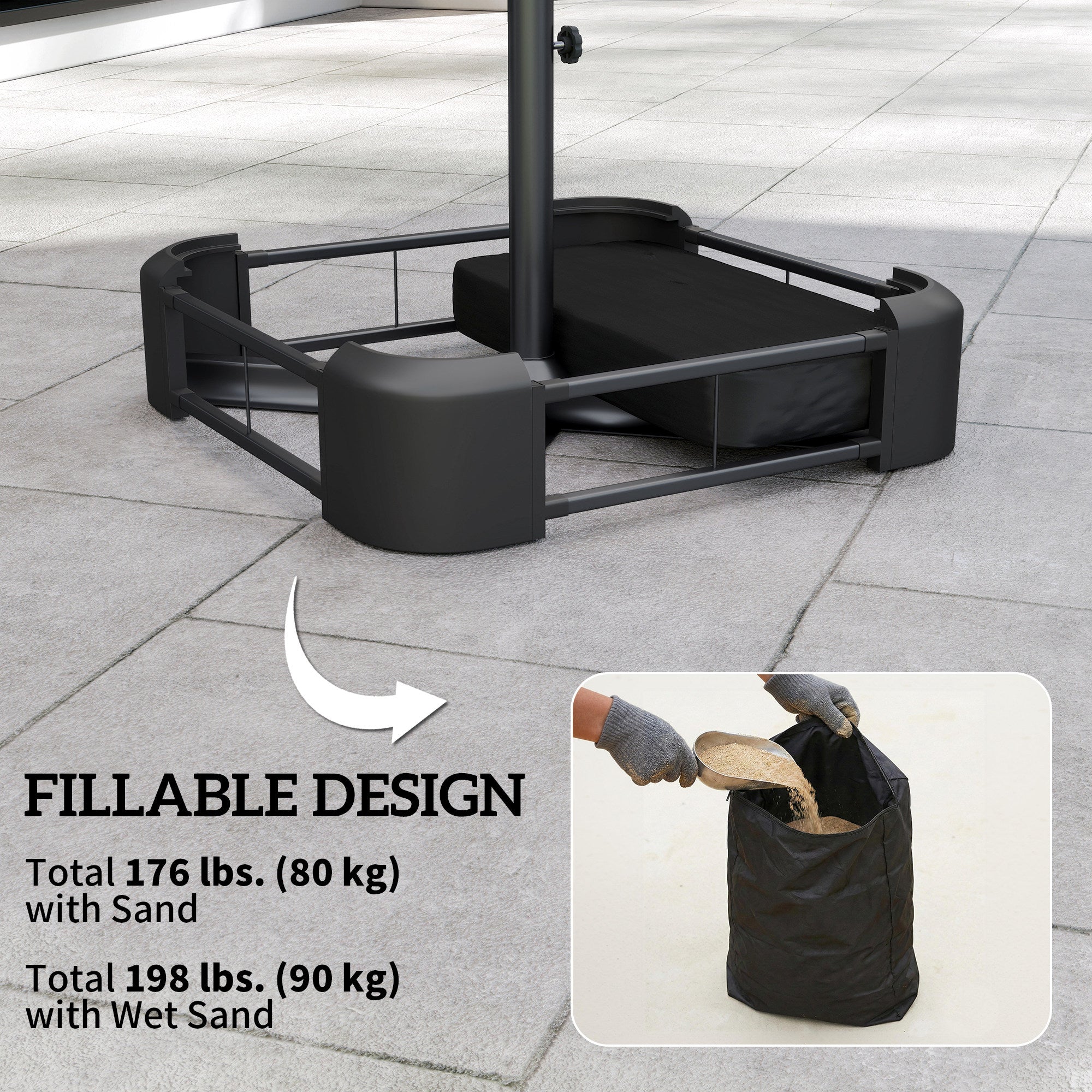 Garden Parasol Base 176 lbs Sand Filled Heavy Duty Stand for Cantilever Umbrellas and 1.89" Poles Black