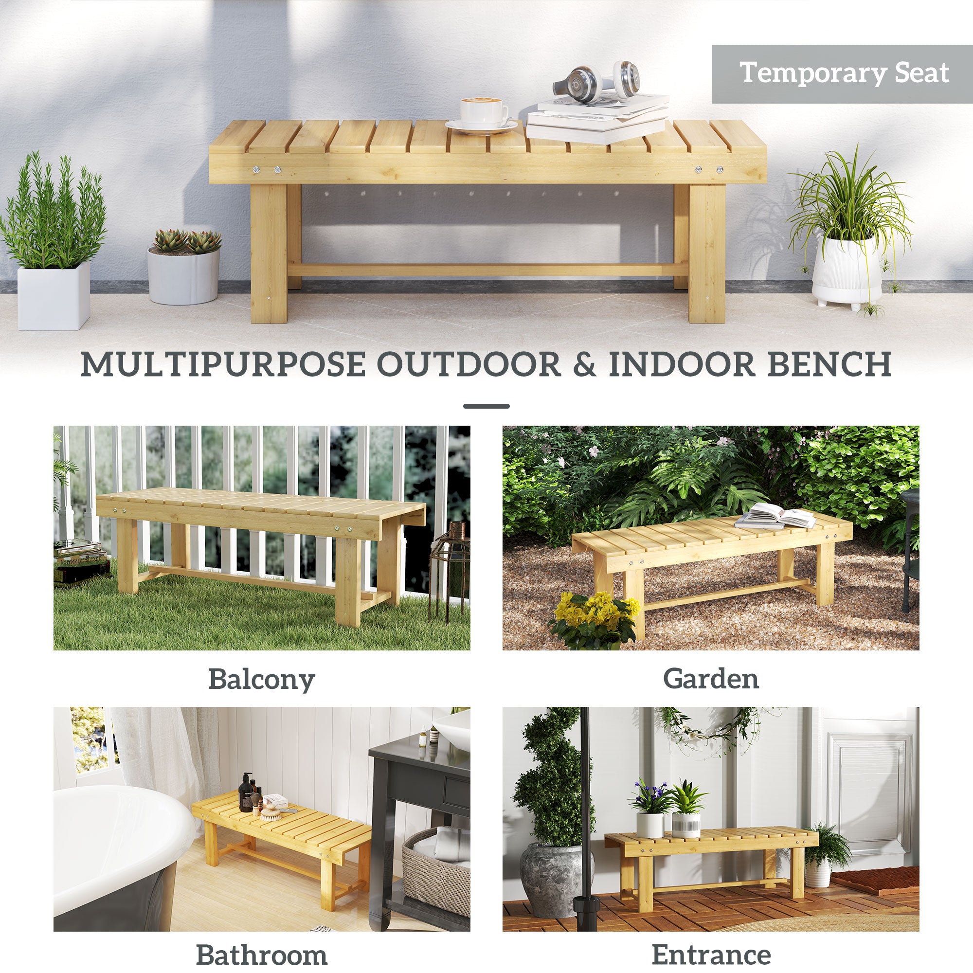 43" Wood Outdoor Bench, 2 Person Patio Bench, Backless Outdoor Patio Loveseat with Slatted Seat for Park, Backyard, Lawn, Natural Wood