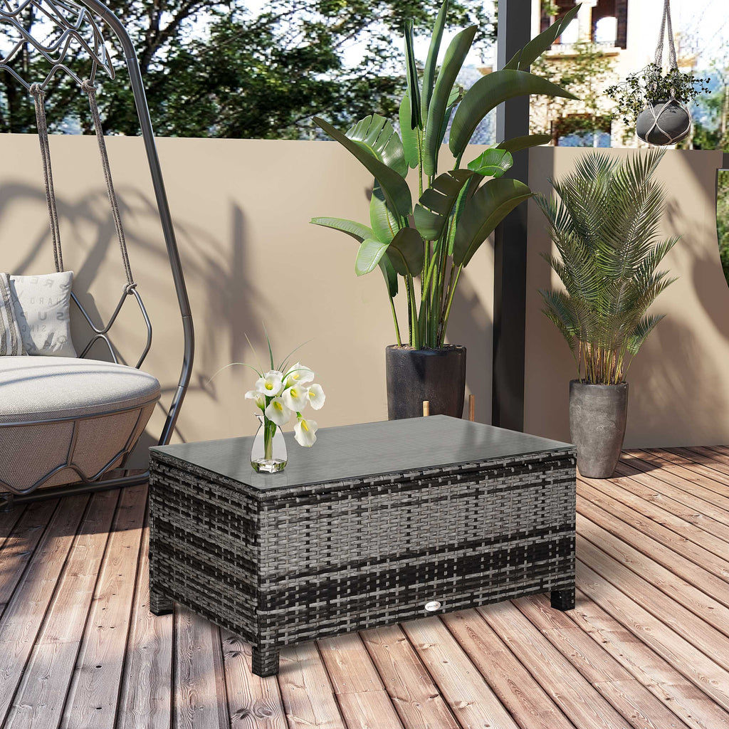 Outdoor PE Rattan Wicker Table, Patio Garden Side Table w/Glass Top for Patio, Balcony, Mixed Grey