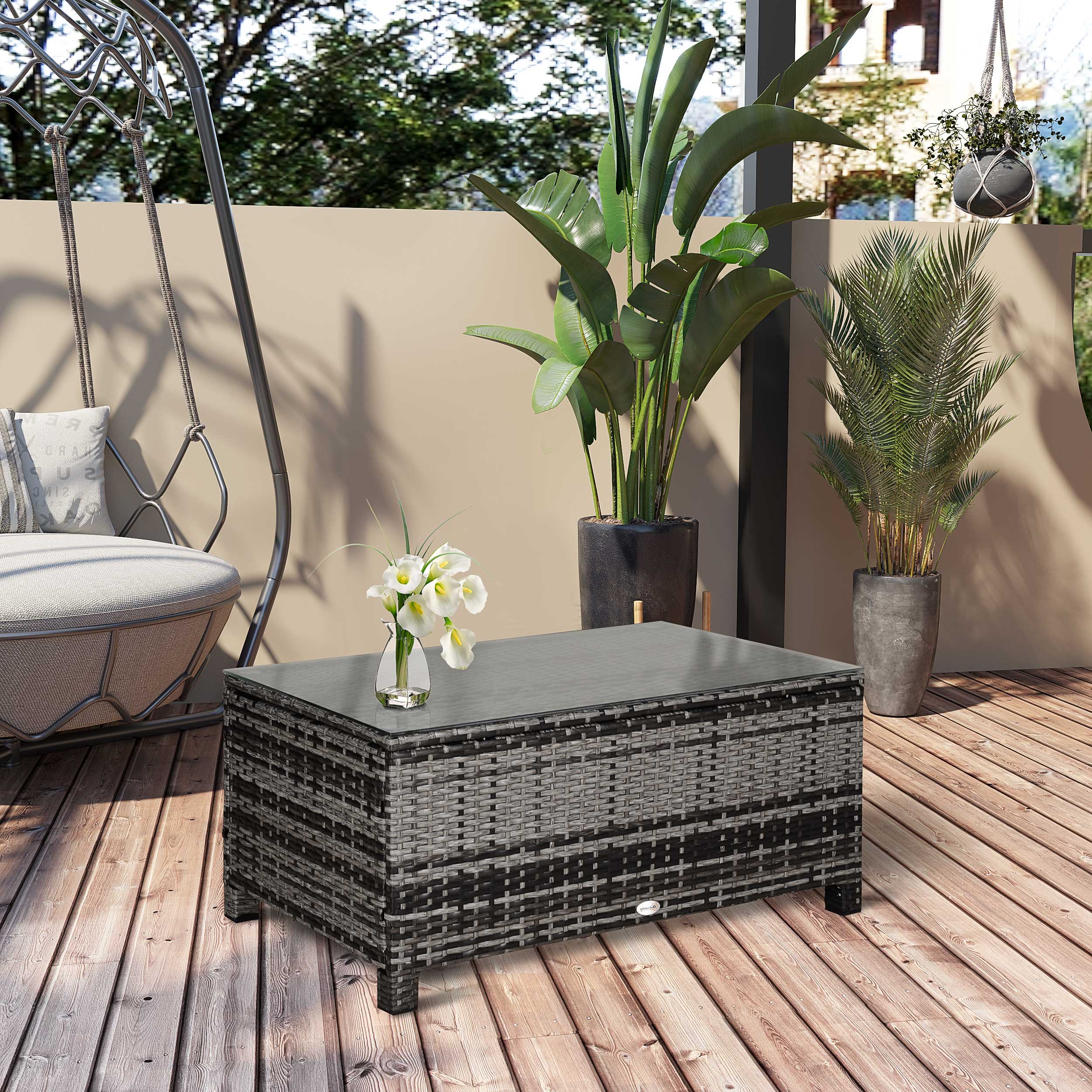 Outdoor PE Rattan Wicker Table, Patio Garden Side Table w/Glass Top for Patio, Balcony, Mixed Grey