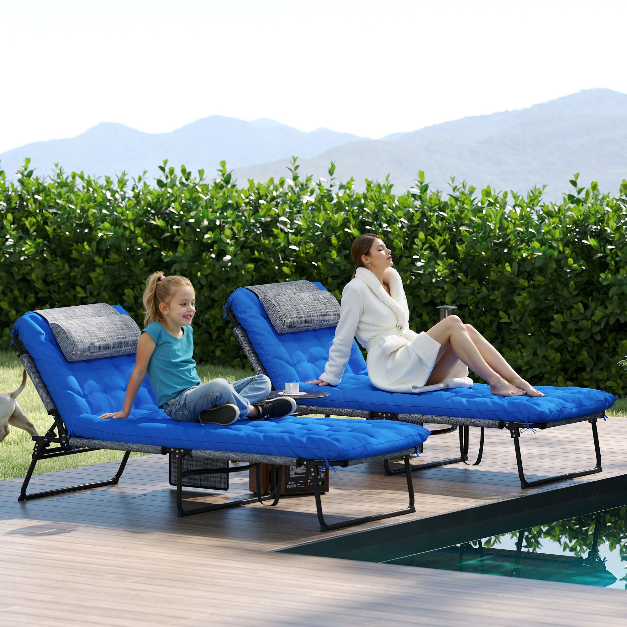 2 Pieces Folding Lounge Chairs with 4-level Reclining Back, Outdoor Tanning Chair with Cushion, Sun Lounger with Breathable Mesh Fabric, Side Pocket, Headrest, Blue