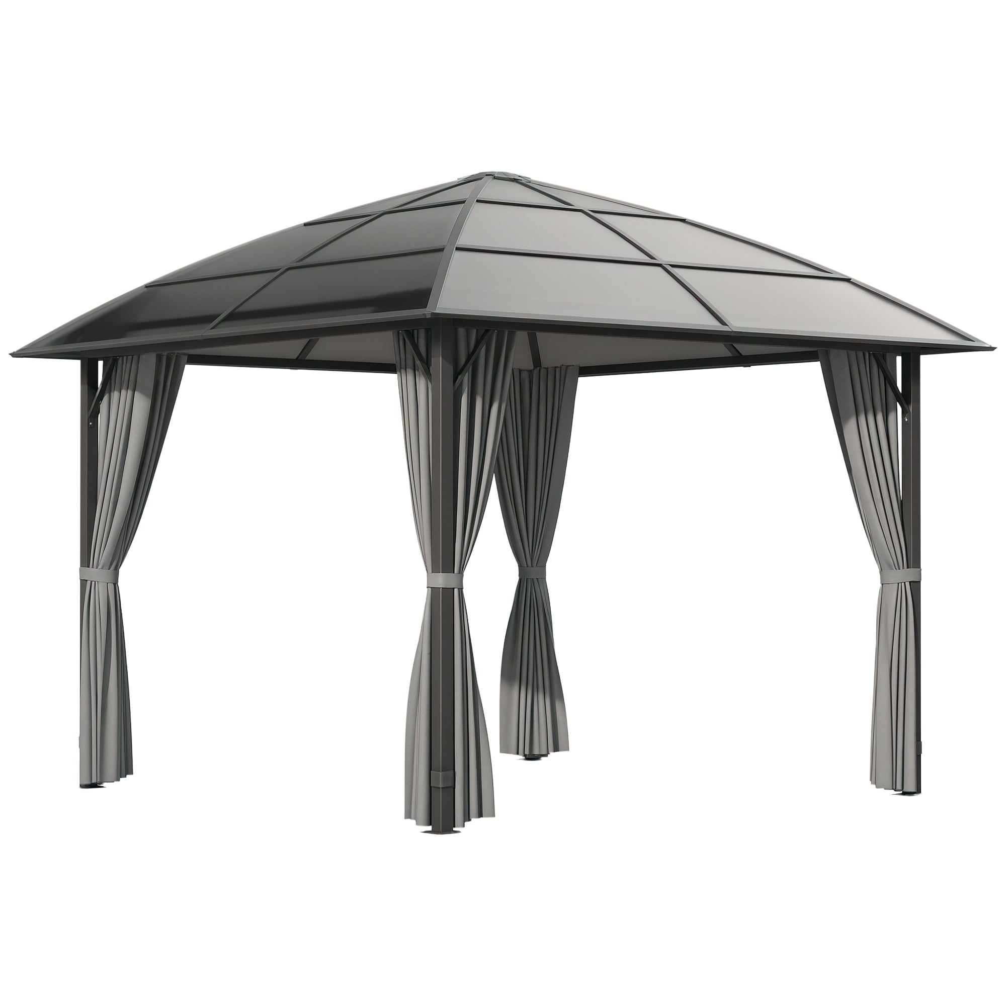 10' x 10' Outdoor Hardtop Gazebo Canopy withÂ UV60+ Polycarbonate Roof, Steel Frame, Central Hook,Â Curtains, Dark Grey