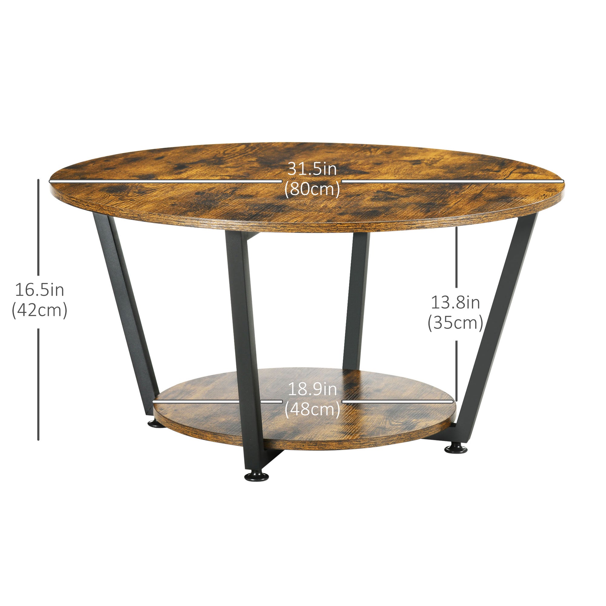 2-Tier Round Coffee Table with Storage Shelf, Industrial Center Table with Steel Frame for Living Room, Rustic Brown