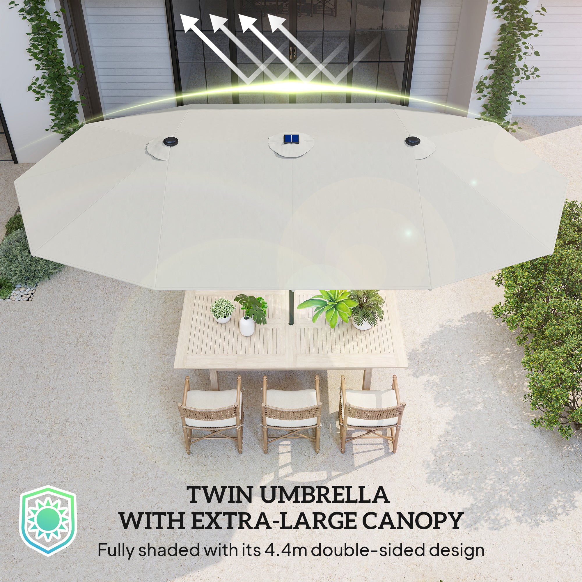 173" Double-Sided Sun Umbrella Garden Parasol Patio Sun Shade Outdoor with LED Solar Light, Cream White