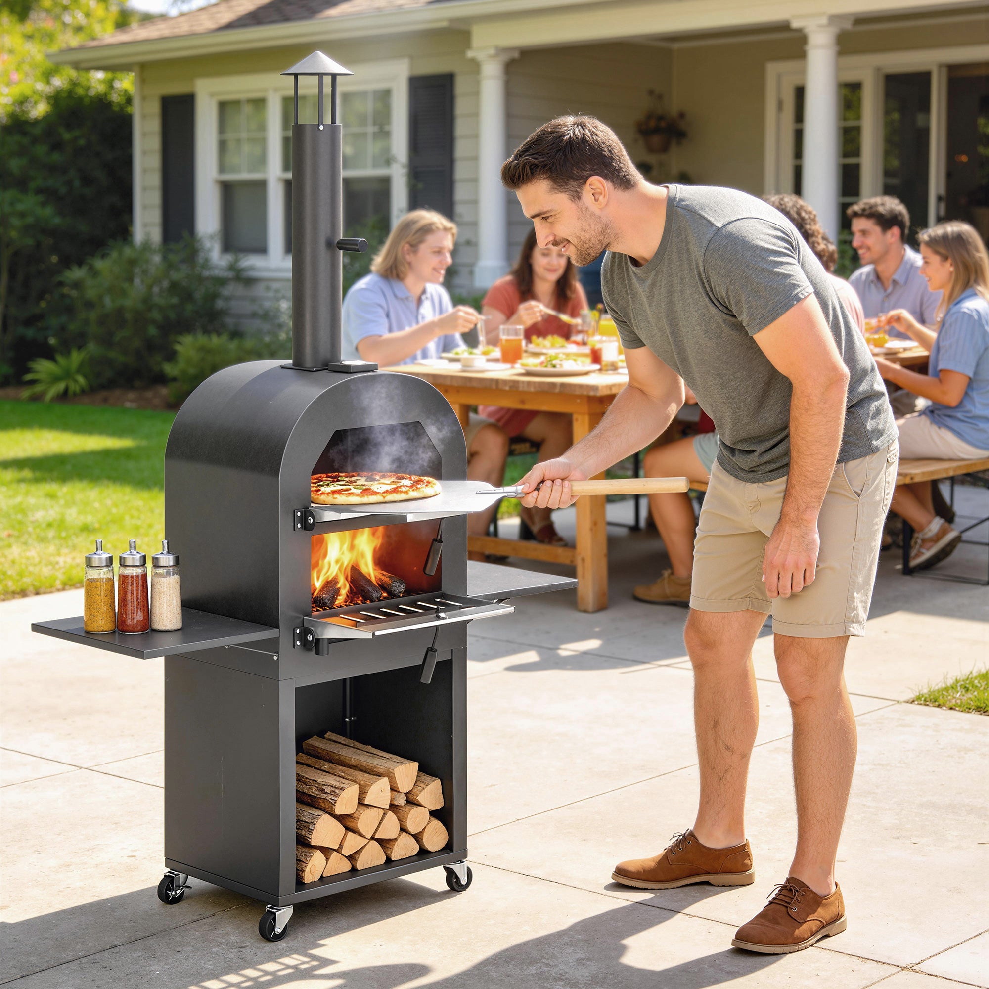 Outdoor Wood Fired Pizza Oven with Side Shelves and Open Cabinet, Pizza Maker on Wheels with Thermometer, Stone, Peel