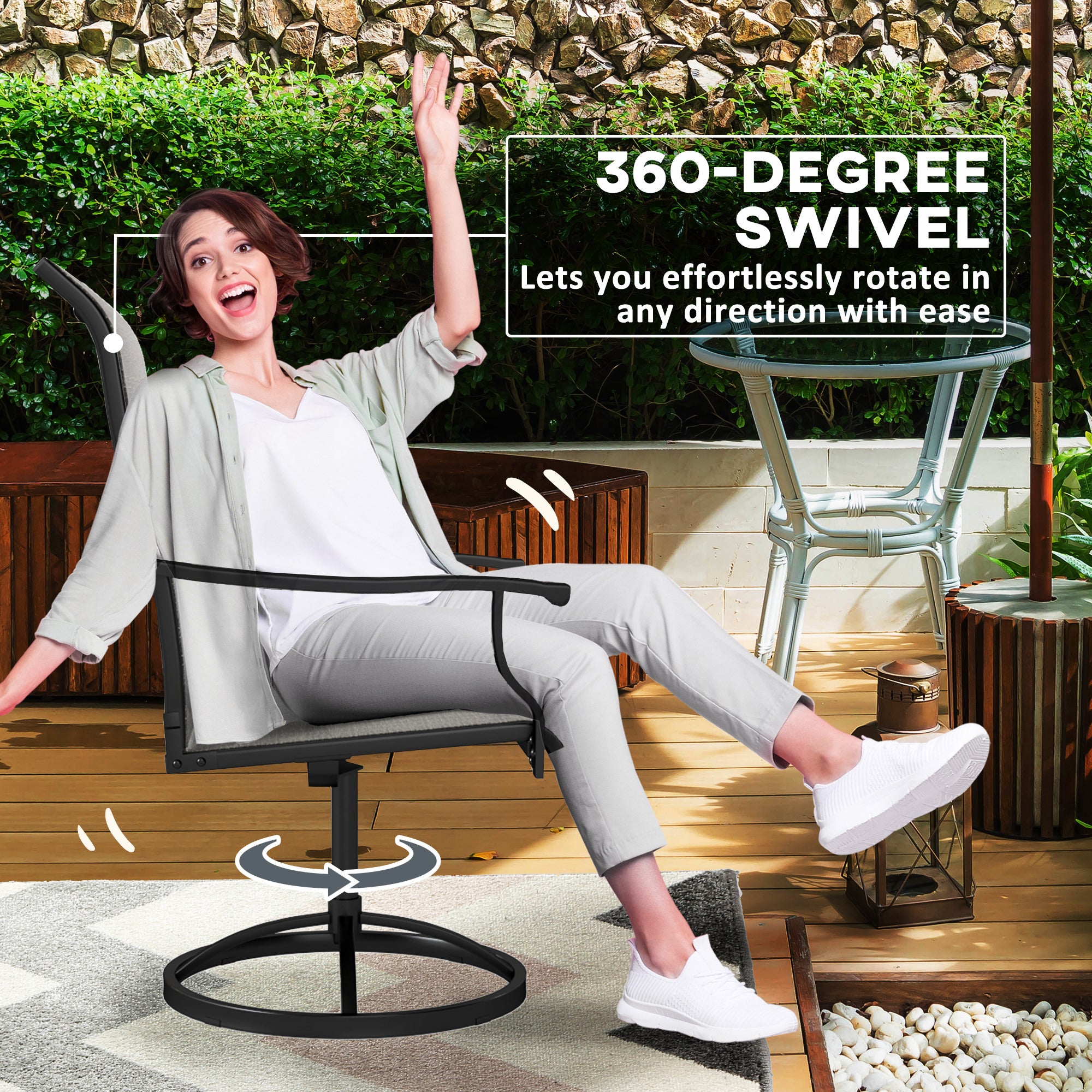 Outdoor Swivel Dining Chairs Set of 2, High Back Swivel Chairs with All Weather Mesh for Deck, Backyard, Poolside, Grey