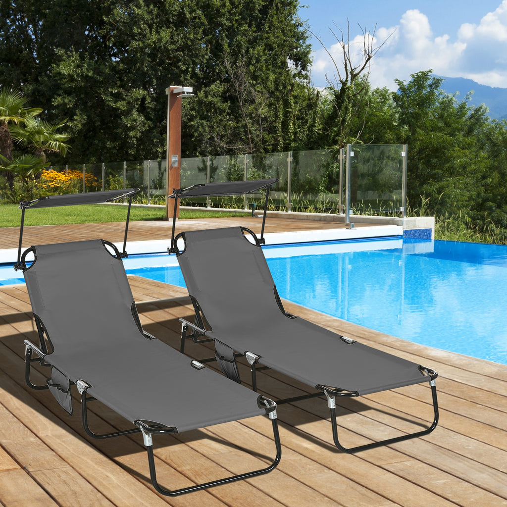 2 Piece Folding Outdoor Chaise Lounges, Pool Tanning Chairs with Reclining Back, Sunshade for Beach, Patio, Dark Grey