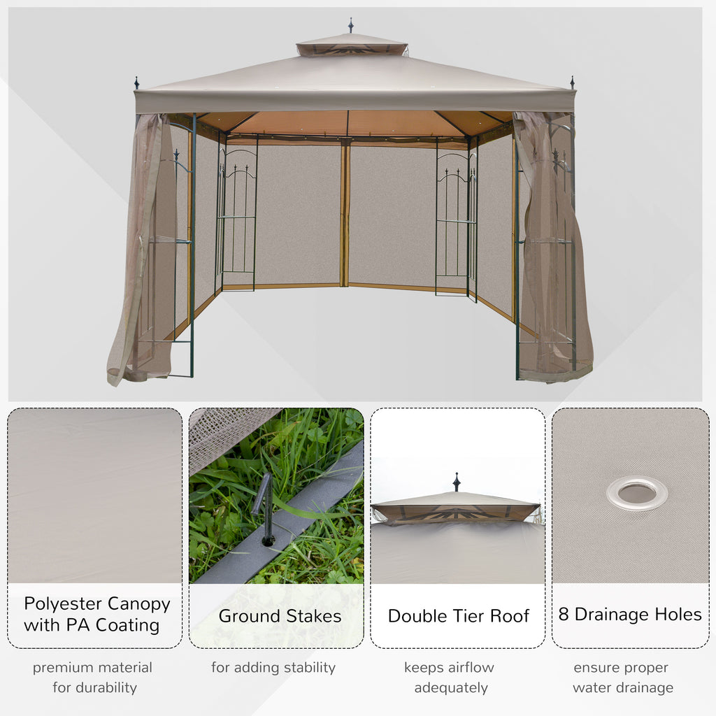 10' x 10' Steel Outdoor Patio Gazebo Canopy with Removable Mesh Curtains, Display Shelves, & Steel Frame, Brown