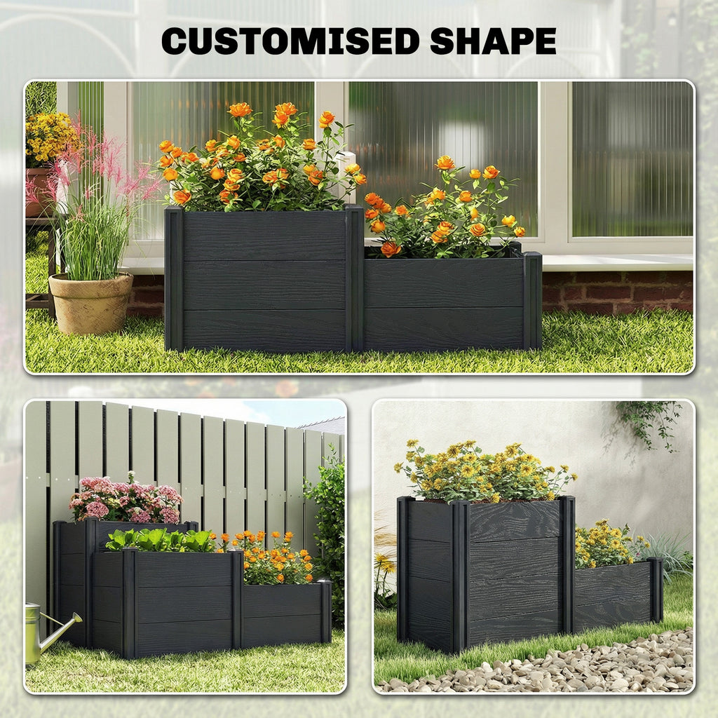Vinyl Raised Garden Bed Kit, 3-Tier Elevated Garden Box with Open Bottom, DIY Assembly, Grey Wood Effect
