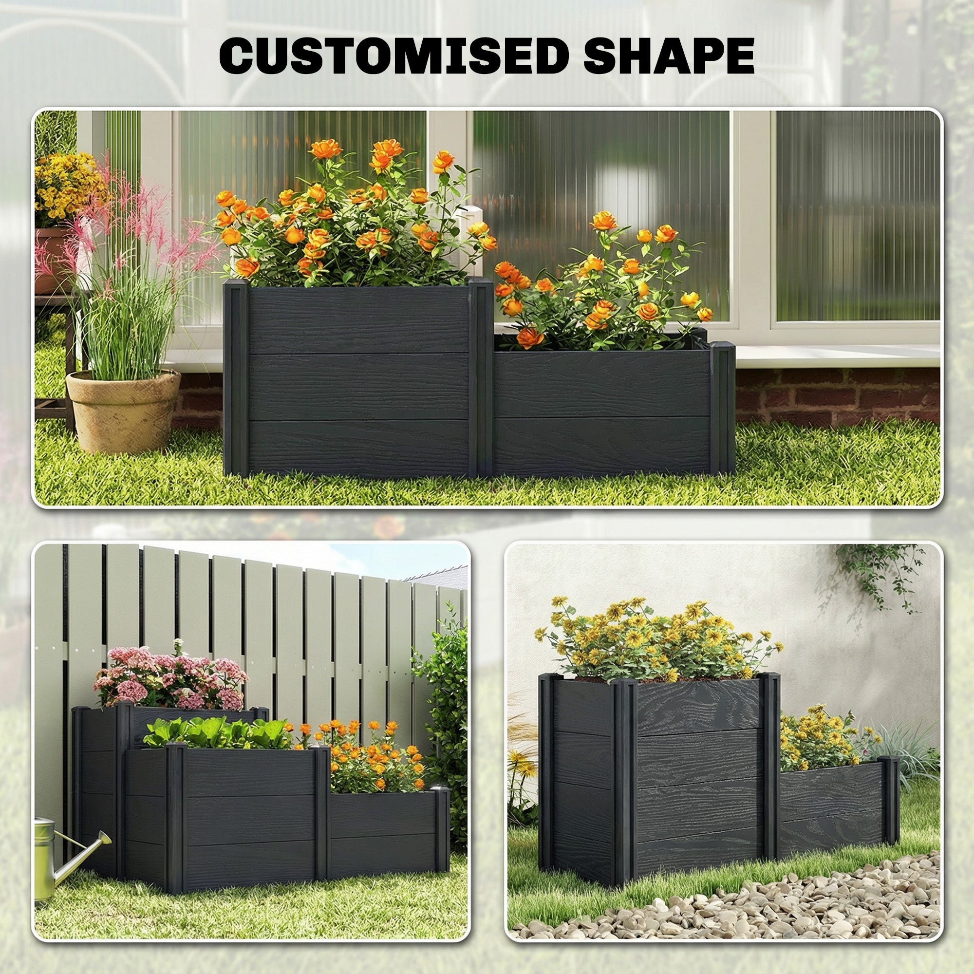 Vinyl Raised Garden Bed Kit, 3-Tier Elevated Garden Box with Open Bottom, DIY Assembly, Grey Wood Effect