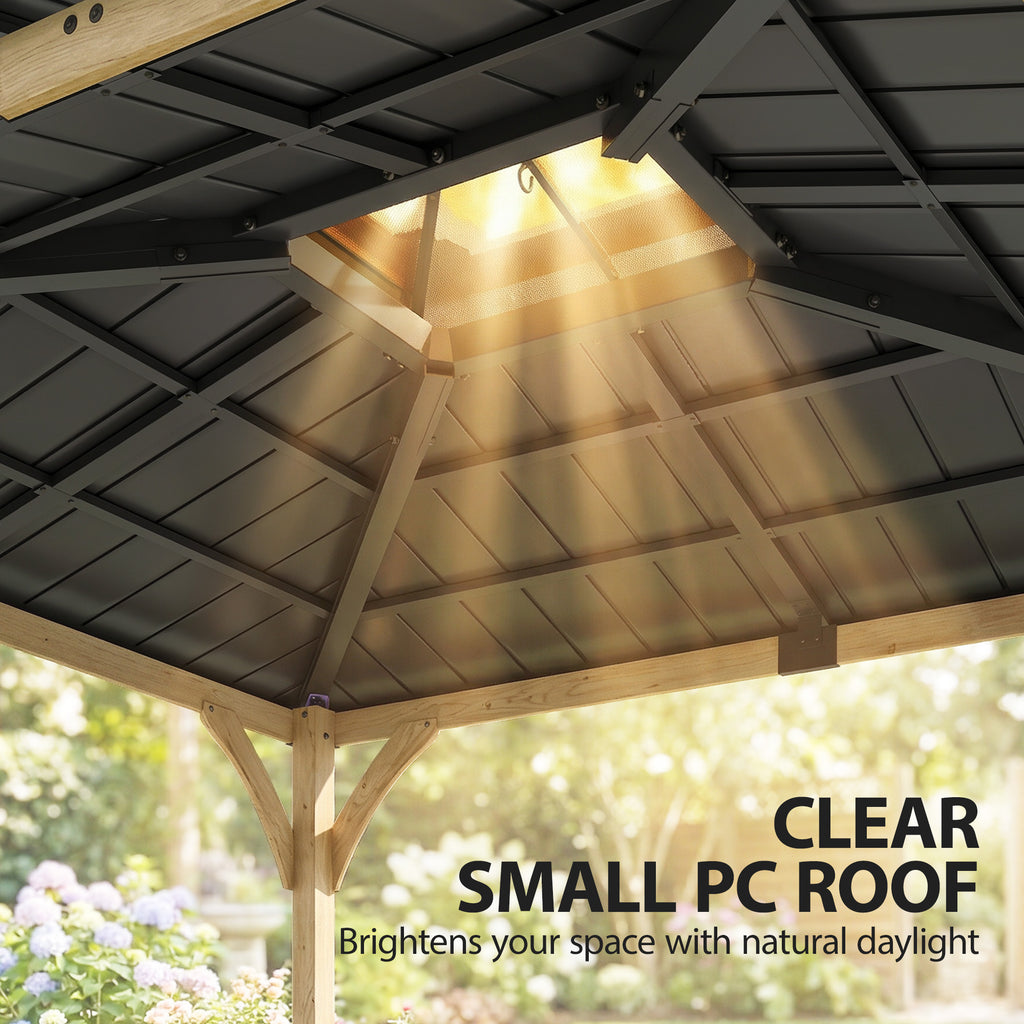 12' x 14' Hardtop Gazebo Canopy with Galvanized Steel Roof, Wood Frame, Double Roof Outdoor Gazebo, Light Walnut