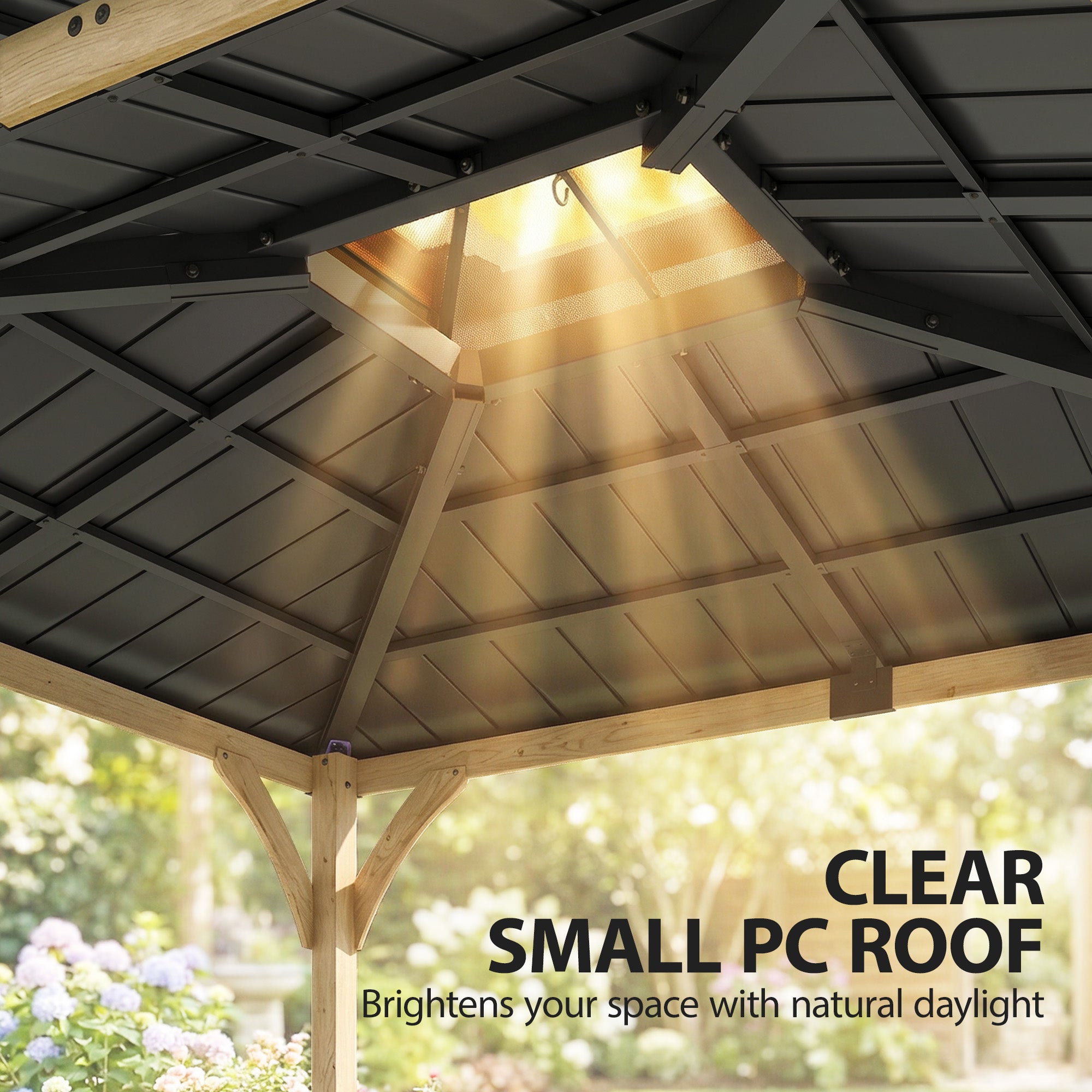 12' x 14' Hardtop Gazebo Canopy with Galvanized Steel Roof, Wood Frame, Double Roof Outdoor Gazebo, Light Walnut