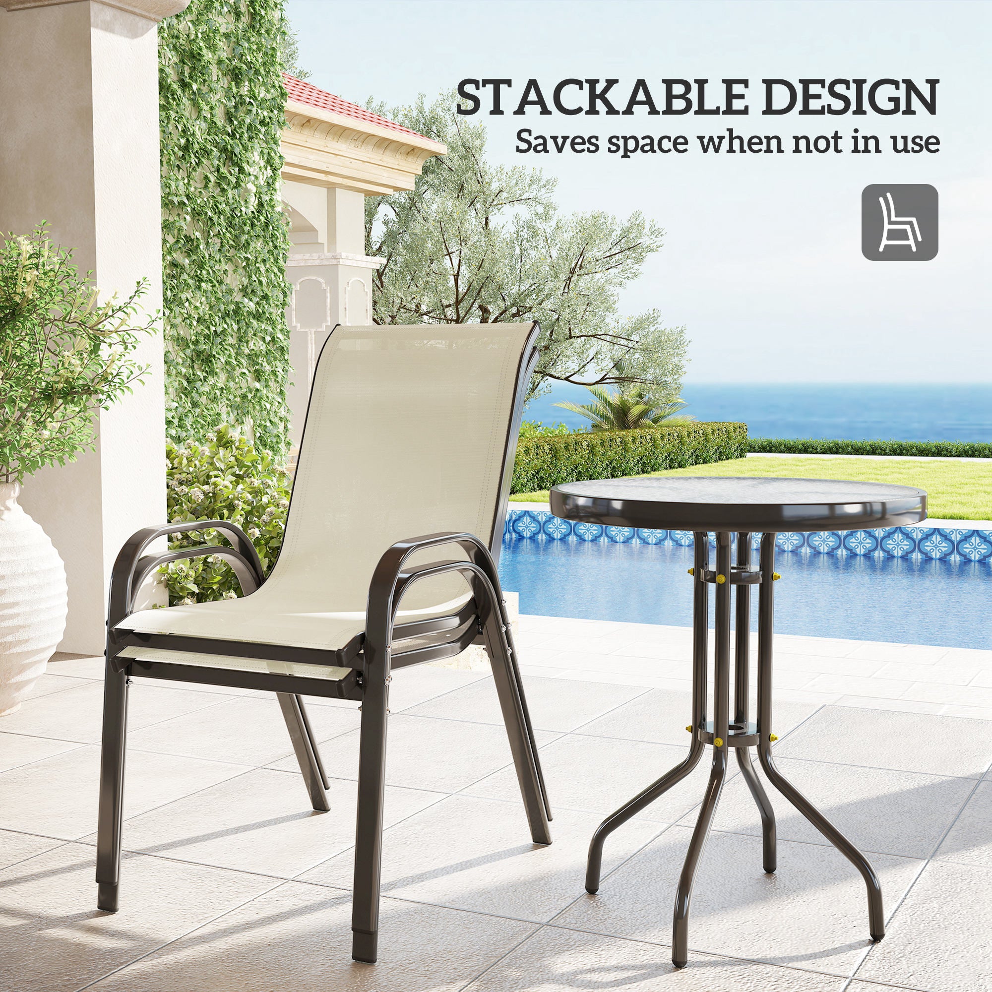 3 Pieces Bistro Set, Small Patio Furniture Set with Stackable Mesh Chairs, Glass Table for Garden, Balcony, Beige