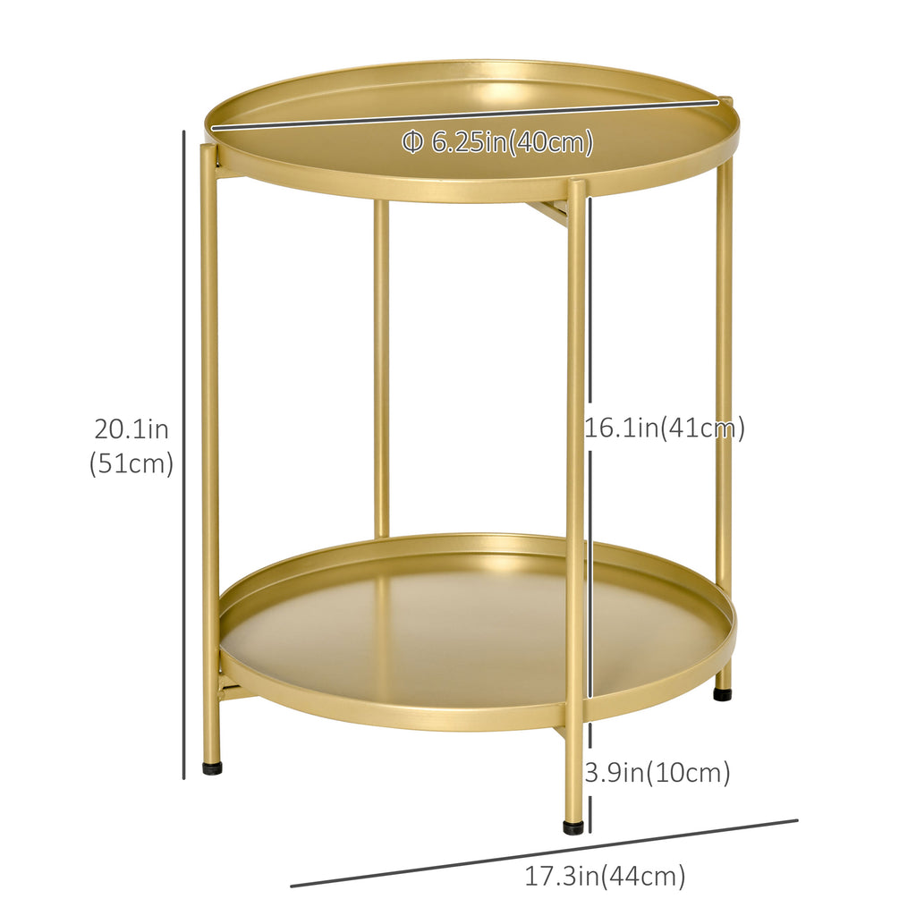 2-Tier Gold Side Table, Round Nightstand with Removable Trays Folding Metal Frame Adjustable Foot End Table for Living Room Bedroom