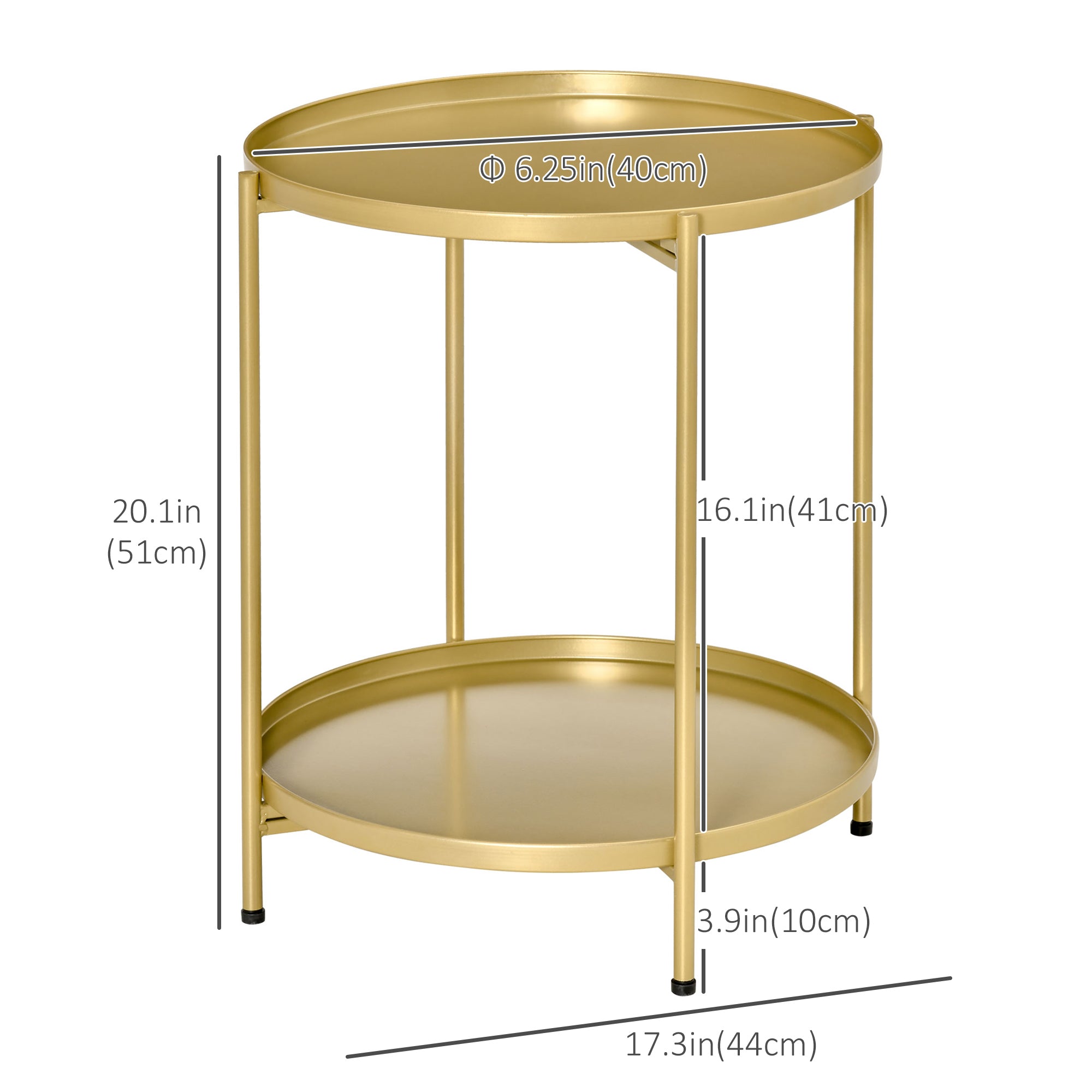 2-Tier Gold Side Table, Round Nightstand with Removable Trays Folding Metal Frame Adjustable Foot End Table for Living Room Bedroom