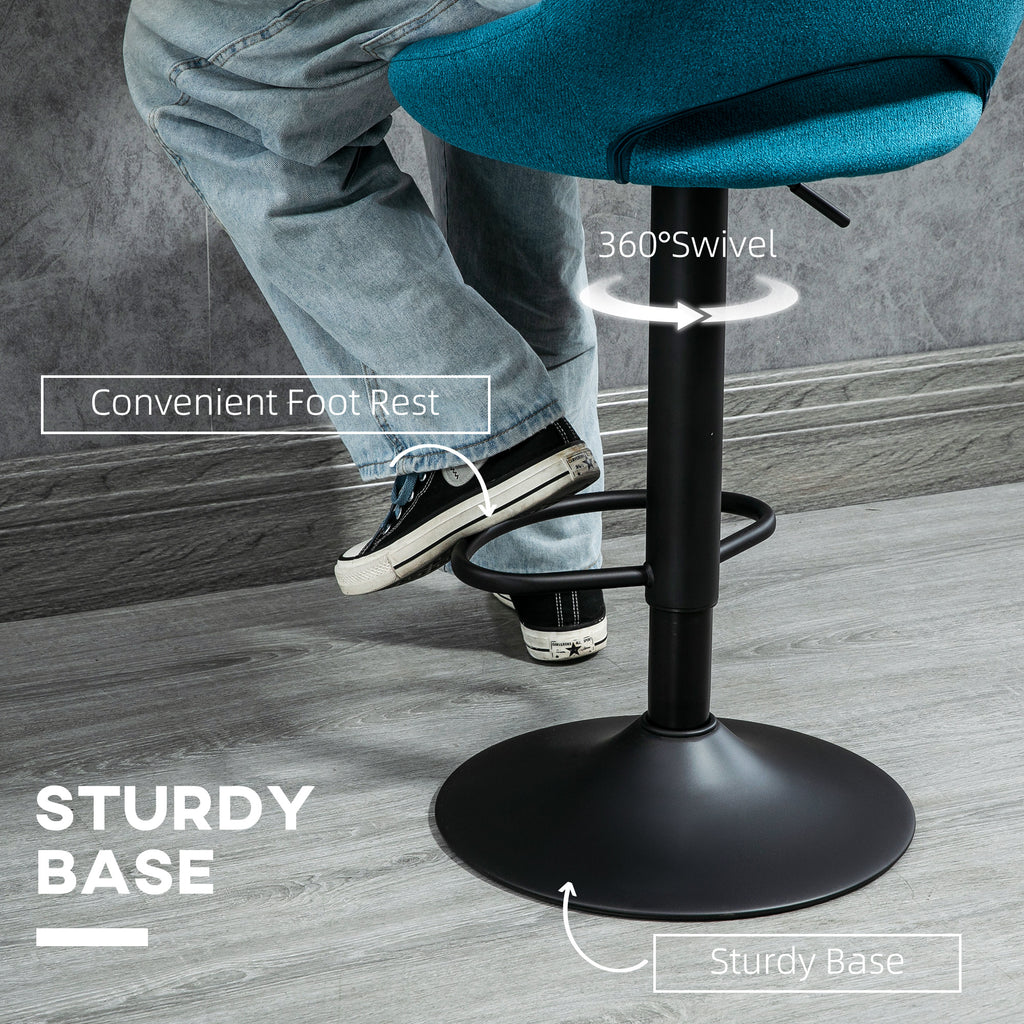 Bar Stools Set of 2, Swivel Counter Height Barstools with Adjustable Height, Linen Upholstered Bar Chairs with Round Metal Base and Footrest, Blue