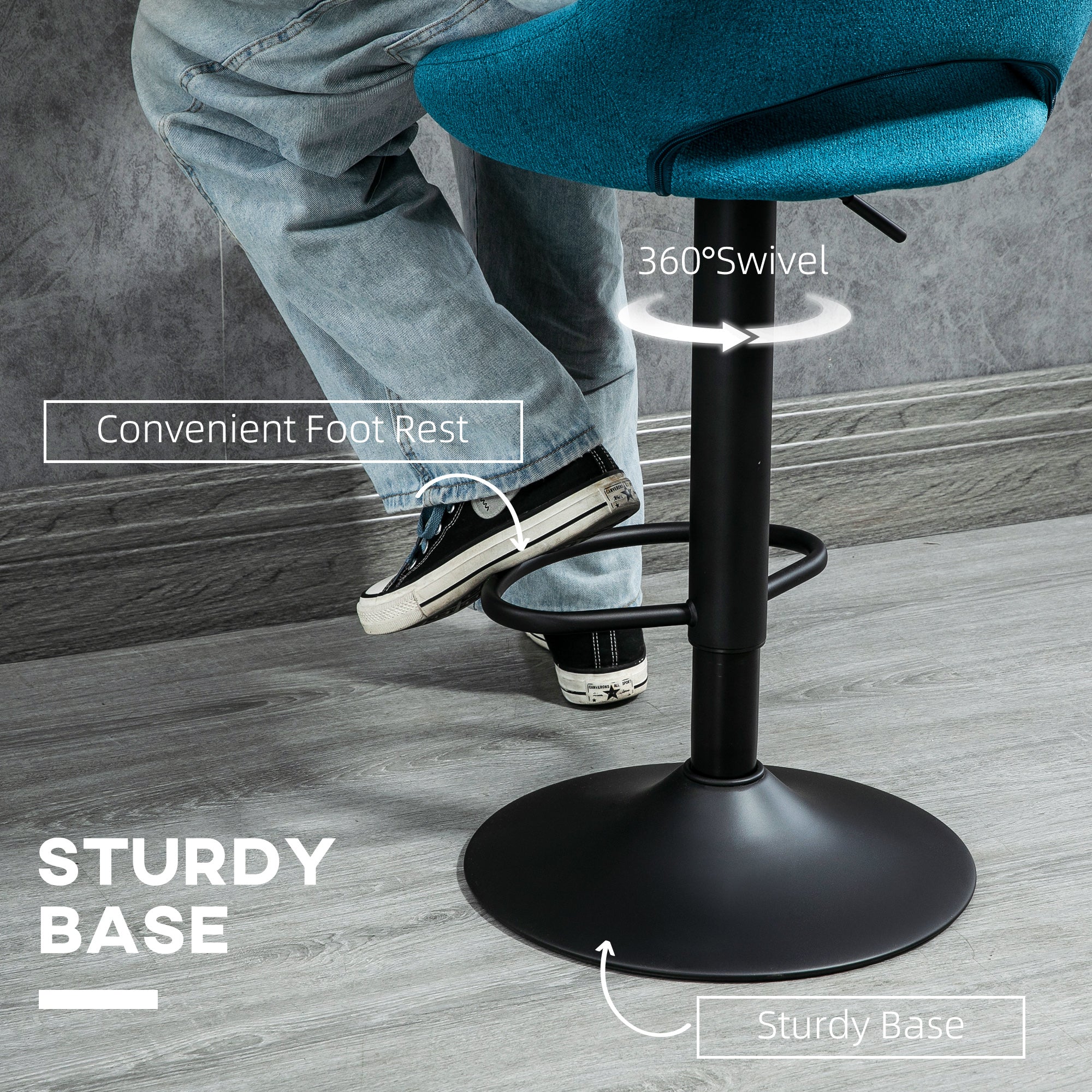 Bar Stools Set of 2, Swivel Counter Height Barstools with Adjustable Height, Linen Upholstered Bar Chairs with Round Metal Base and Footrest, Blue