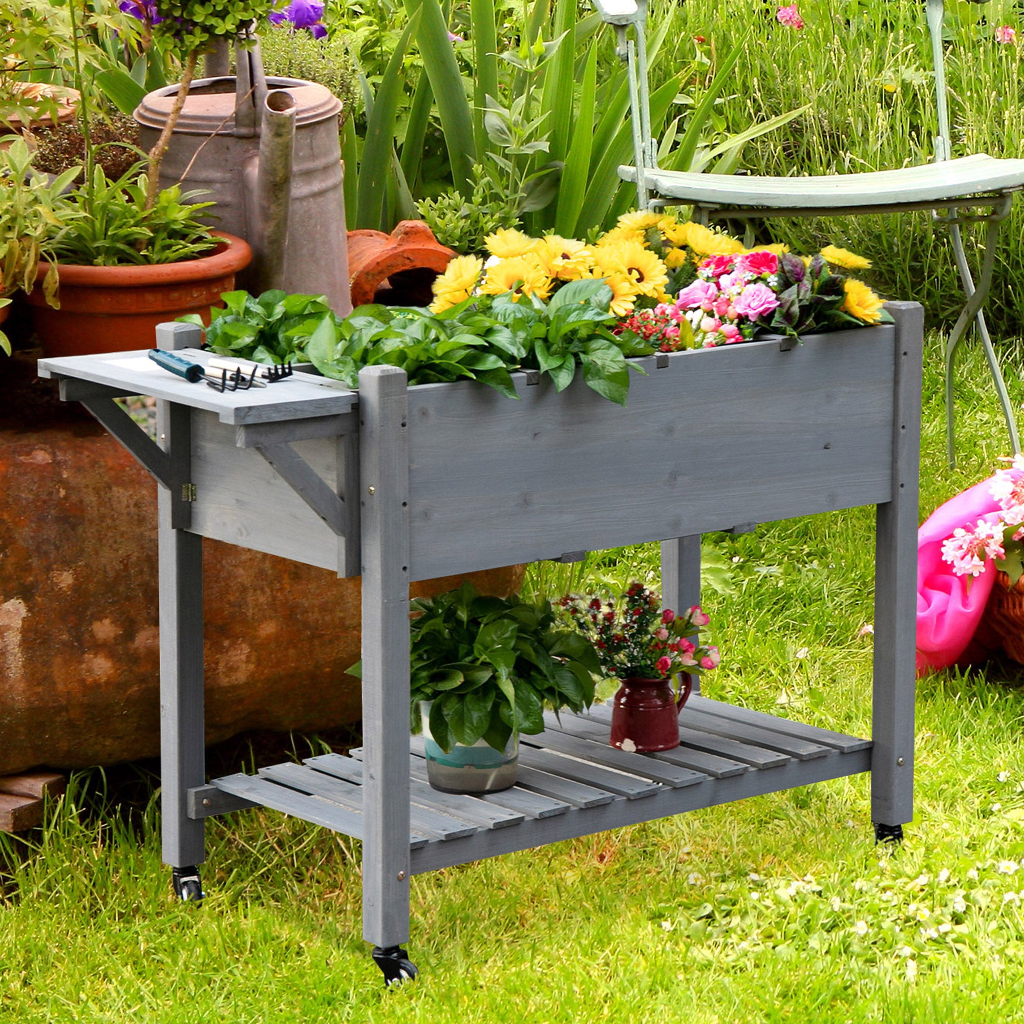 Raised Garden Bed with 8 Grids and Storage Shelf, Elevated Planter Box with Legs, for Vegetables Flowers Herbs, Grey