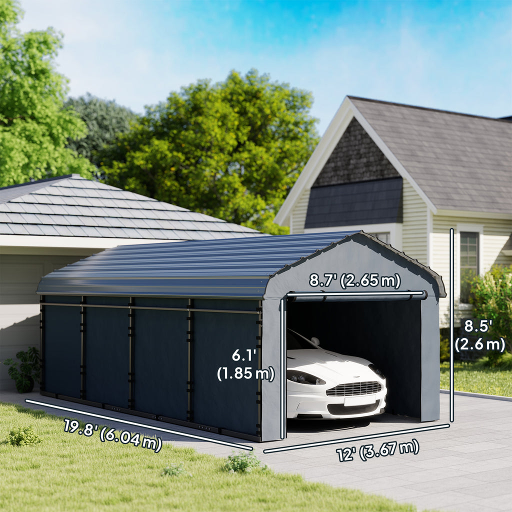 12' x 20' Metal Carport, Heavy Duty Garage Car Shelter with Galvanized Metal Roof and Removable Sidewalls, Dark Grey