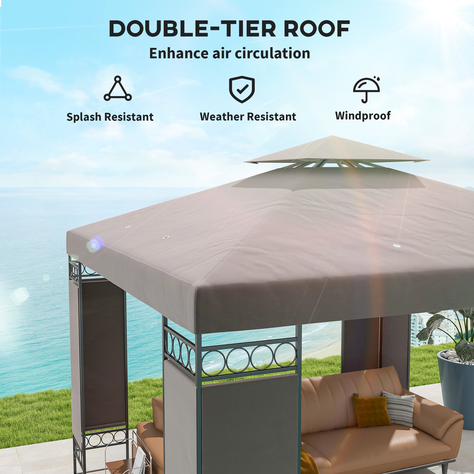 10 x 10 FT Canopy Gazebo, Double Roof Patio Gazebo with Screen Panels and Metal Frame for Deck, Backyard, Khaki