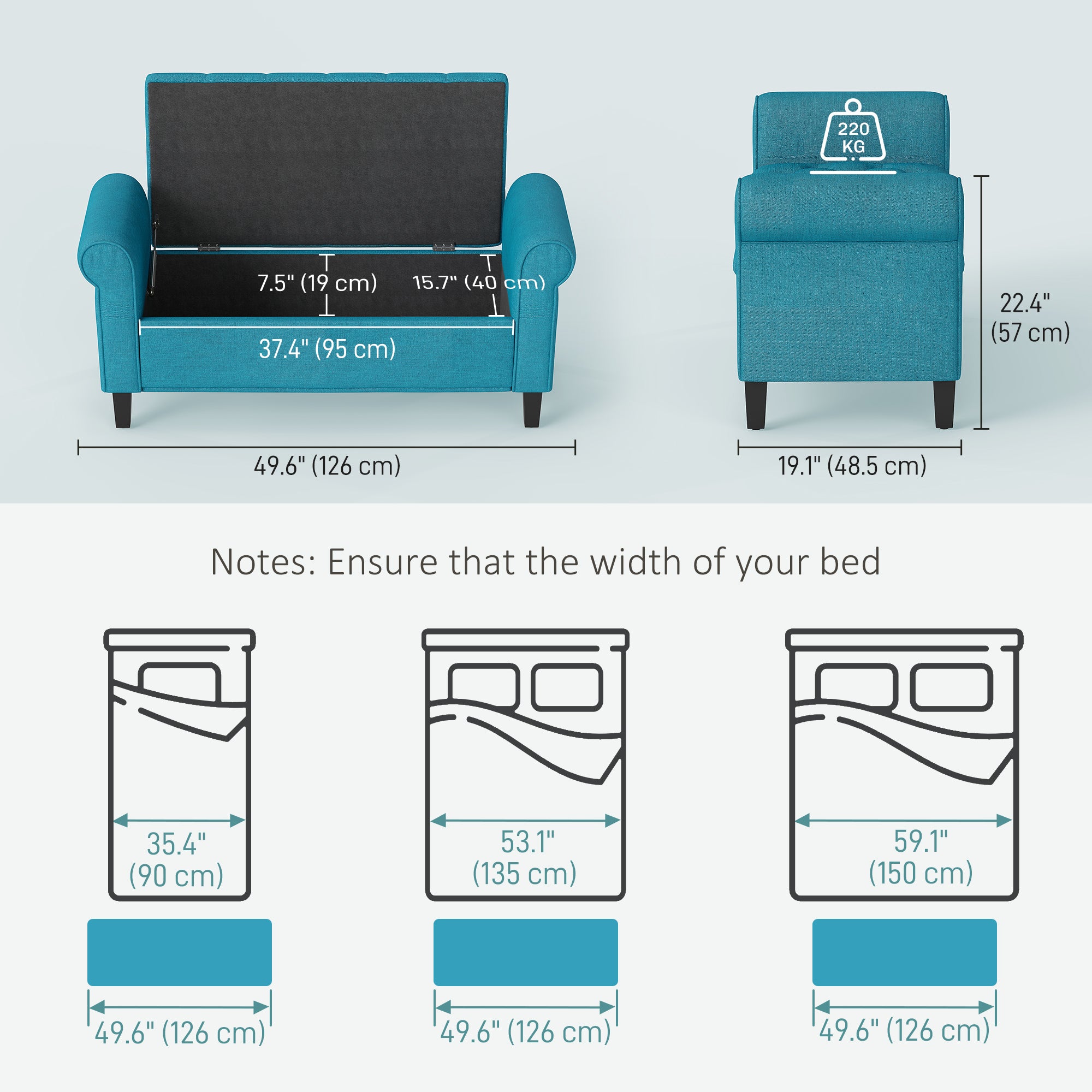 50 Inches Storage Ottoman, Upholstered Bedroom Bench with Rolled Arms and Button Tufted Storage, Teal