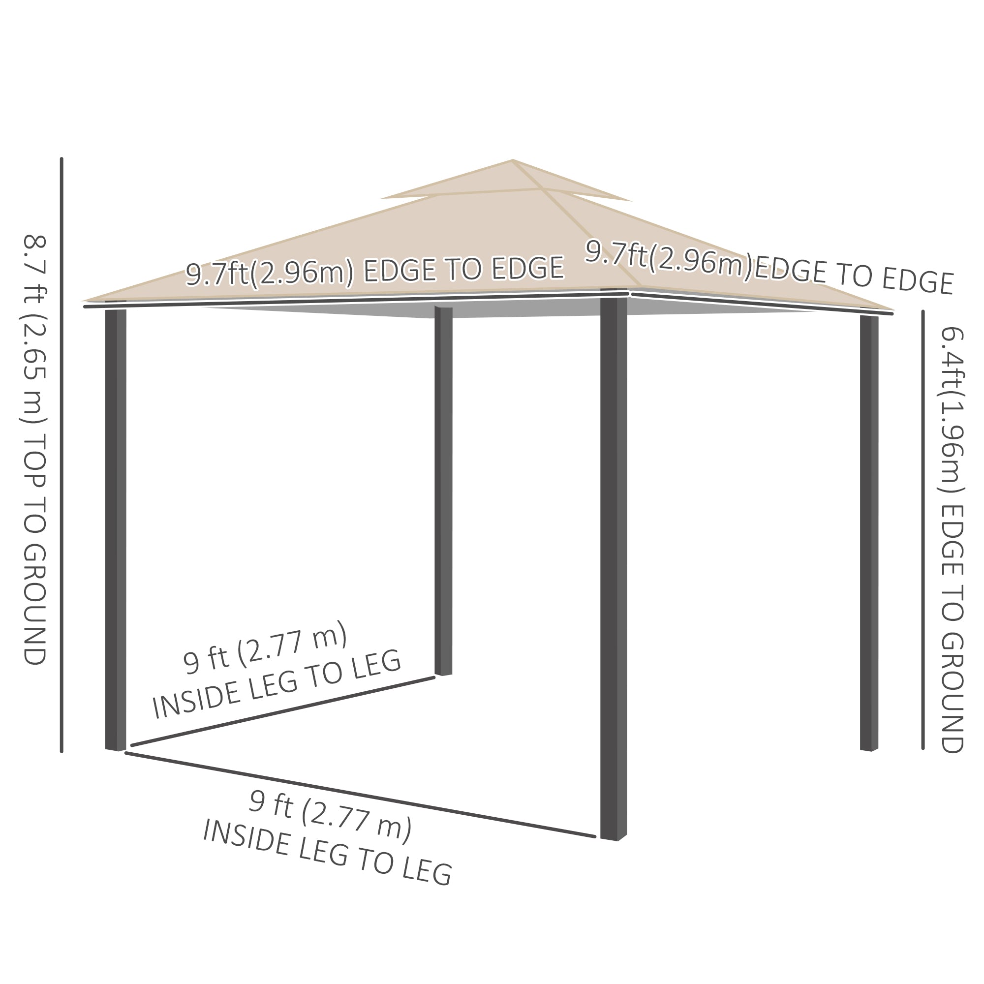 10' x 10' Deck Gazebo with Curtains & Mesh Screen Drapes, Double Roof Canopy Polyester Shade for Backyard Garden, Khaki