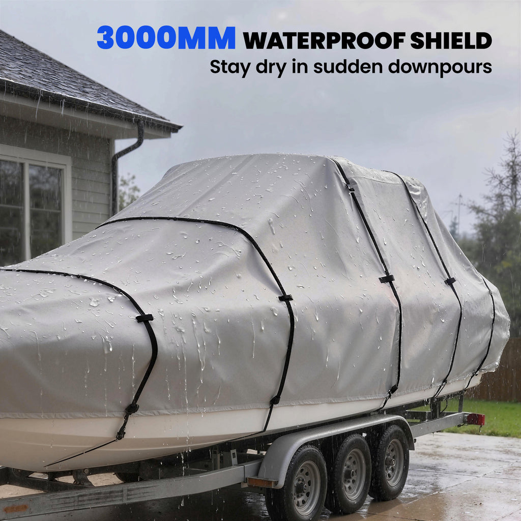 22-24 Ft Trailer Boat Cover, 3000mm Waterproof Universal Boat Cover with Quick-Fasten Buckles, Light Grey