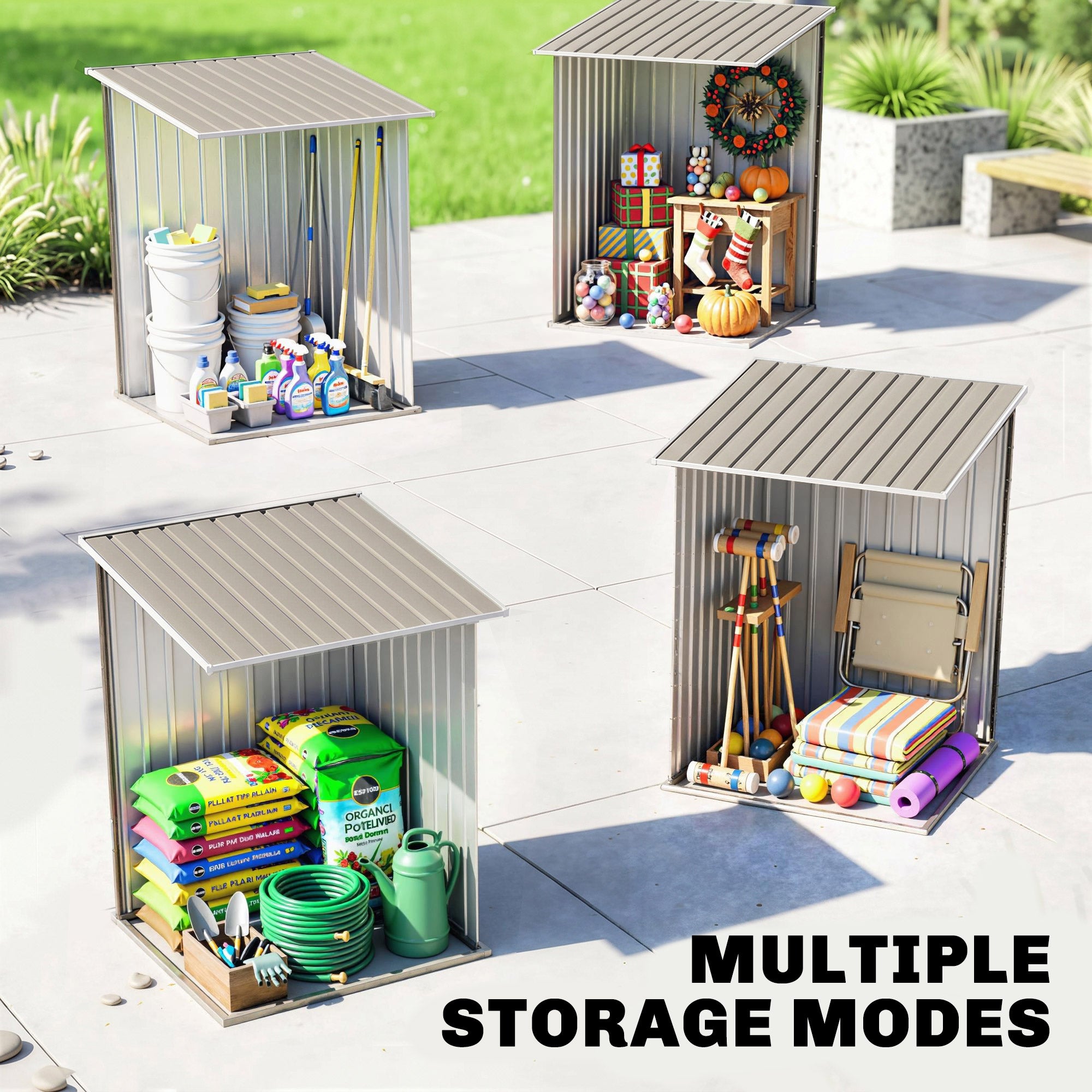 3.3' x 3.4' Lean-to Outdoor Garden Storage Shed, Galvanized Steel with Lockable Door for Patio Brown and White