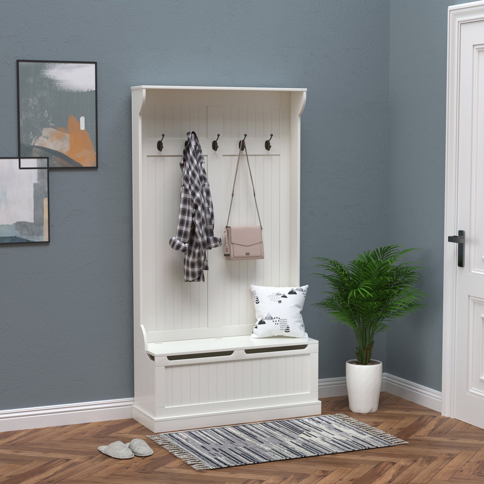 3-In-1 Hall Tree w/ Coat Rack, Shoe Storage and Bench Seat, Entryway Bench w/ 4 Hooks for Hallway, Living Room, White