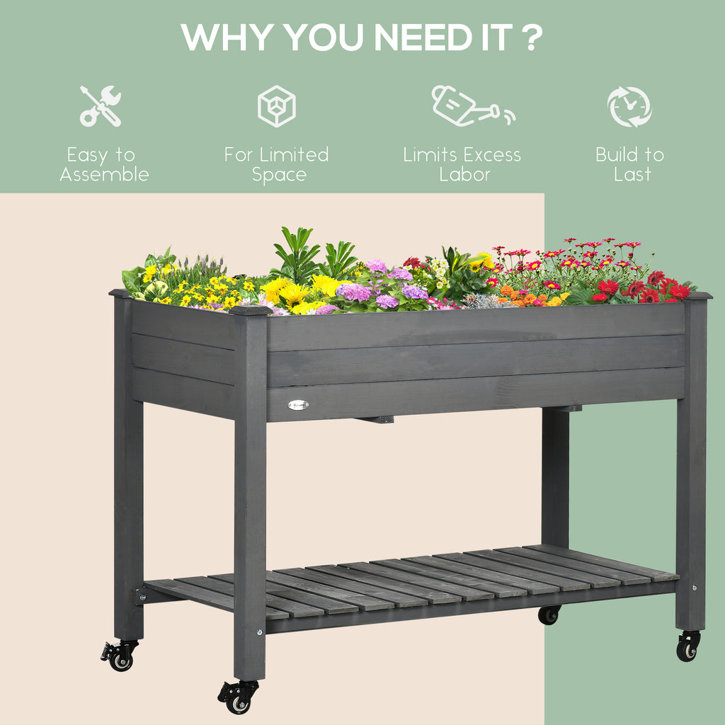 Mobile Raised Garden Bed Elevated Wood Planter Box with Lockable Wheels, Storage Shelf for Herbs Vegetables, Dark Grey