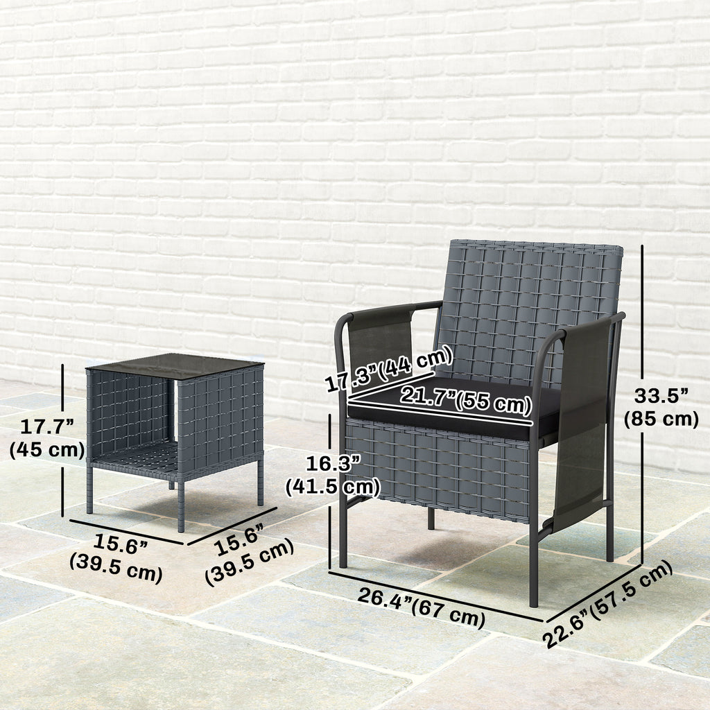 3 Piece Wicker Patio Furniture Set, Outdoor Bistro Set, Side Pockets, Mesh Seat, 2 Tier Glass Table, Cushions, Black