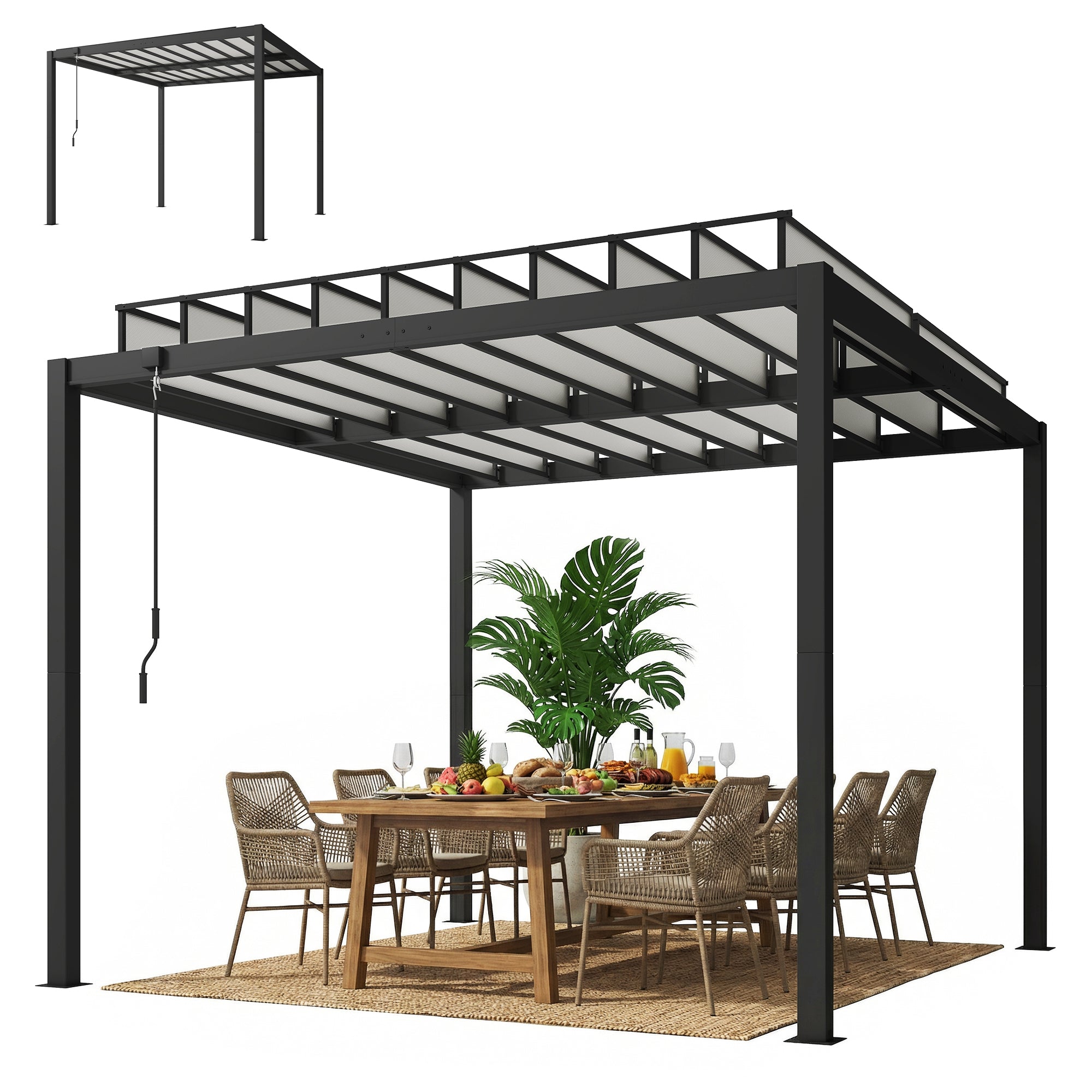 9.5 x 10 ft Louvered Pergola with PC Roof, Aluminium Outdoor Pergola Gazebo with Drainage Gutters, Handle, Clear