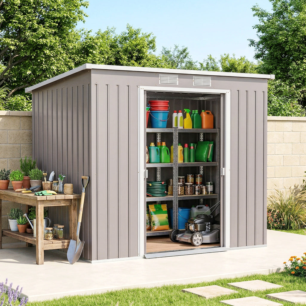 7' x 4' Galvanised Steel Garden Shed, with Foundation Kit - Grey