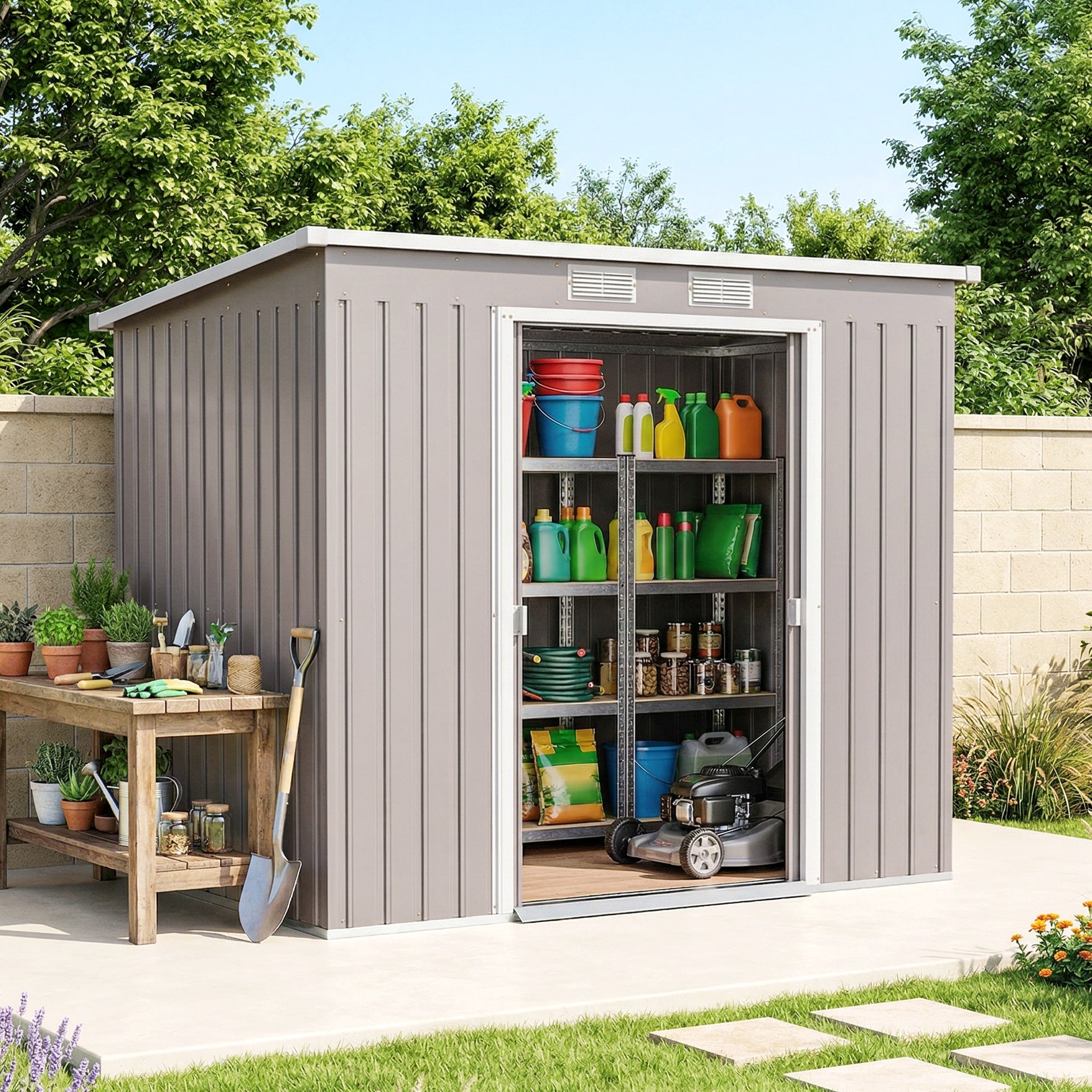 7' x 4' Galvanised Steel Garden Shed, with Foundation Kit - Grey